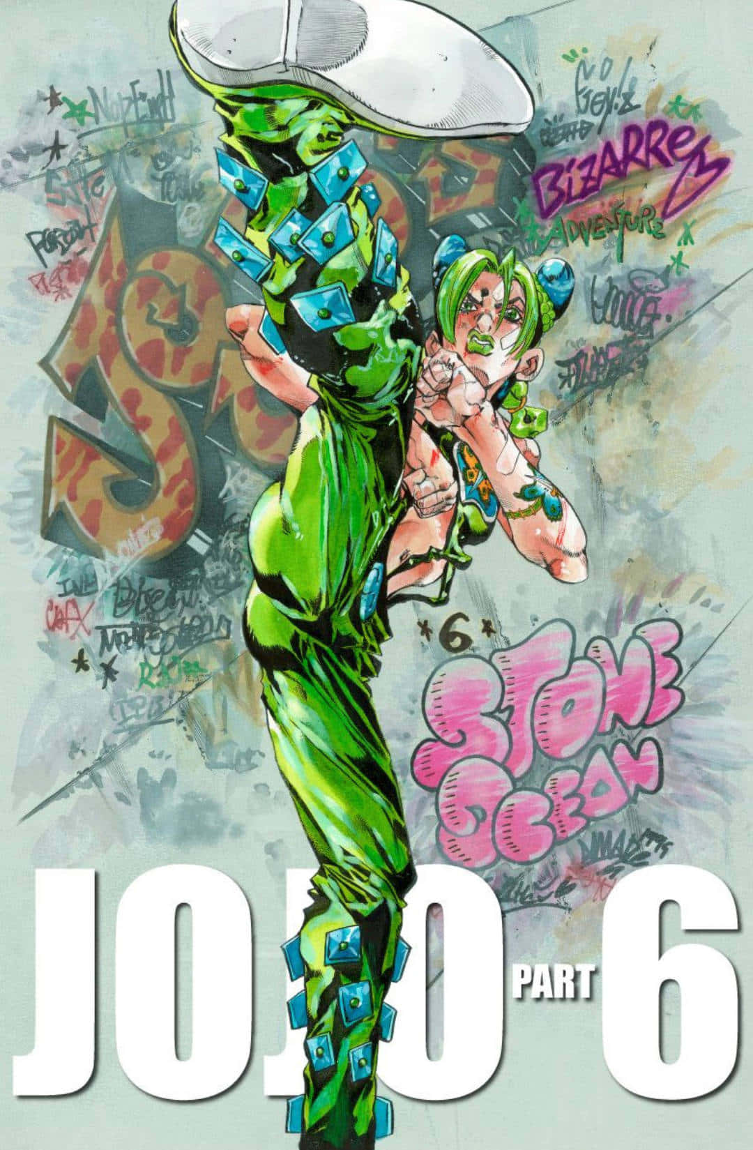 Jojo 桌布 壁紙 — 一個充滿活力的動漫角色，擁有綠色頭髮和尖刺綠色服裝，動態地躍向一面佈滿塗鴉和粗體文字的牆壁。