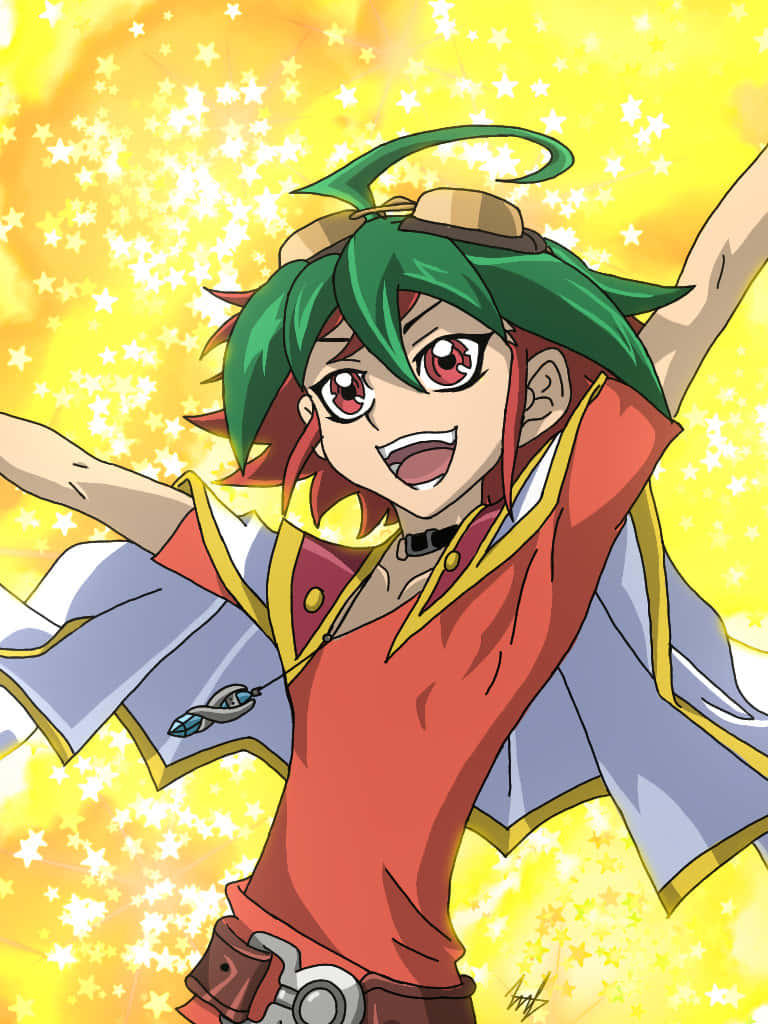 Yuya Sakaki 桌布 壁紙 — 一個充滿活力的動漫角色，擁有綠色頭髮和紅色眼睛，在閃爍的金色星空背景下歡快地張開雙臂。