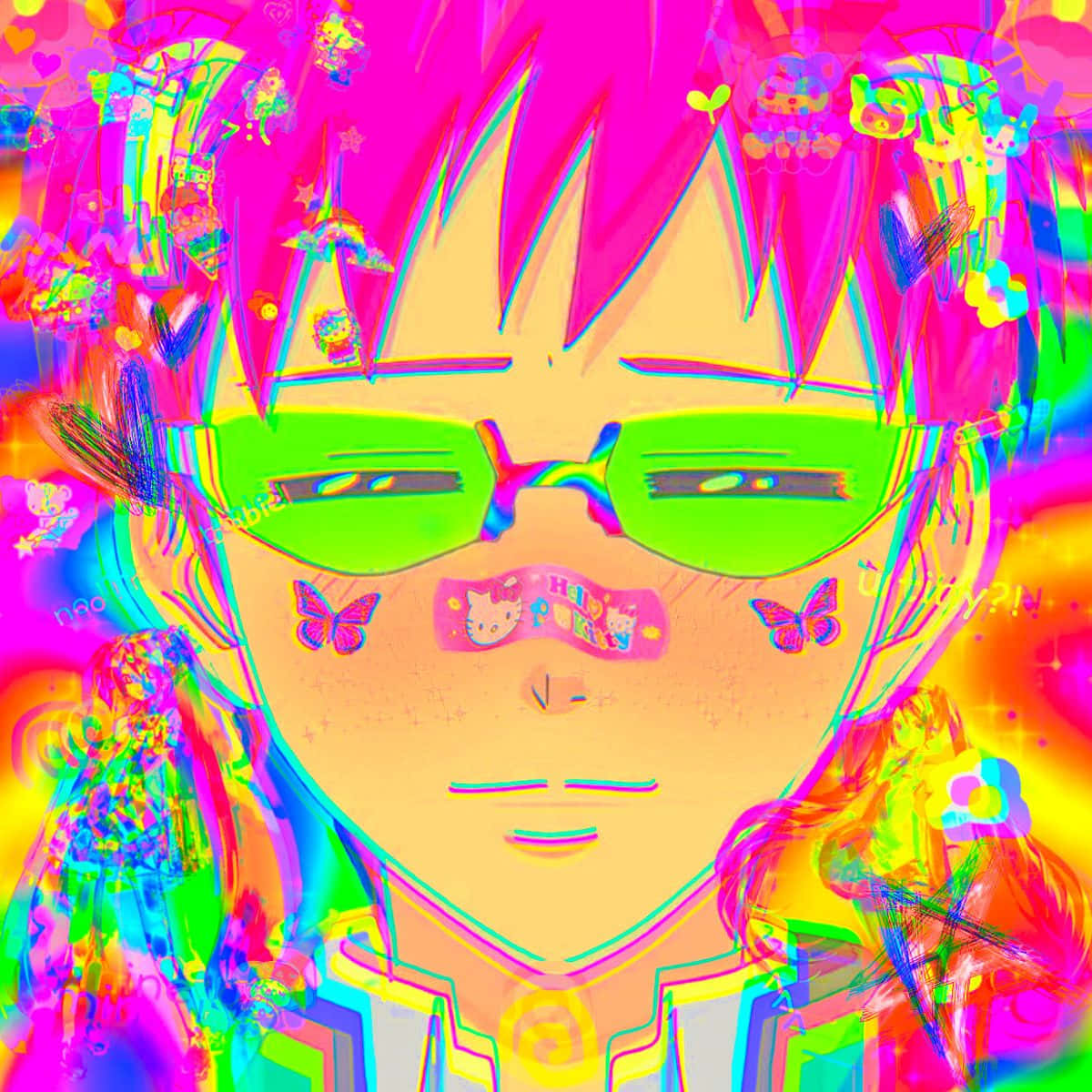 Glitchcore 桌布 壁紙 — 一個充滿活力的動漫角色，擁有霓虹粉紅頭髮和綠色太陽眼鏡，周圍環繞著色彩繽紛的故障效果和蝴蝶。