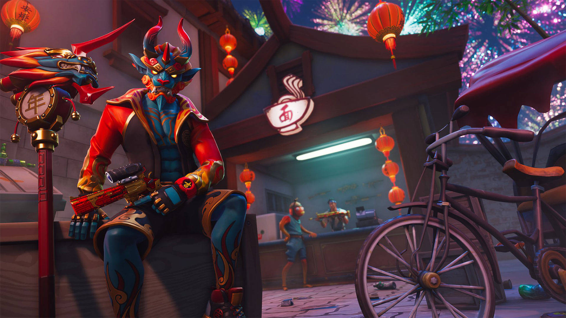 Fortnite 桌布 壁紙 — 一個充滿活力的動漫角色，有紅色角和藍色皮膚，坐在一個有燈籠和煙火的節日街景的壁架上。