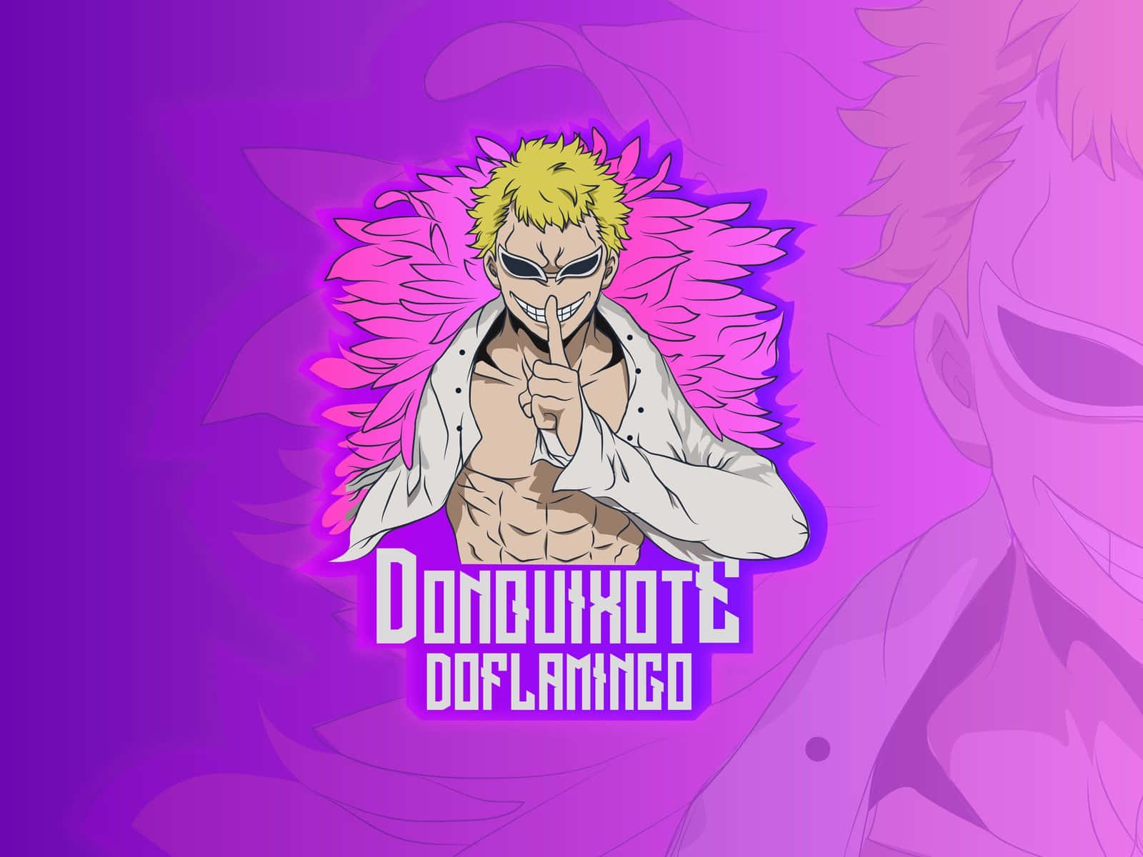 Donquixote Doflamingo 桌布 壁紙 — 一個充滿活力的動漫角色，有著刺刺的金色頭髮和粉紅色的羽毛翅膀，在紫色背景前做出「噓」的手勢。