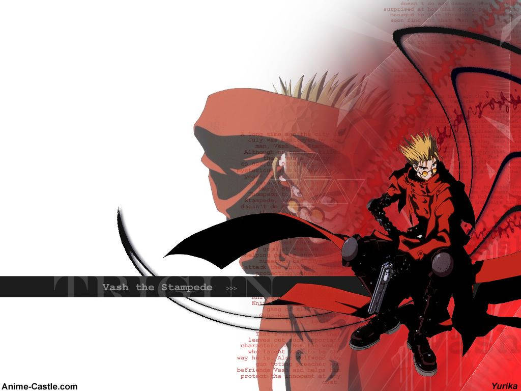 Trigun 桌布 壁紙 — 一個充滿活力的動漫角色，有著尖刺金髮和紅色外套，自信地坐在大膽的紅黑抽象背景前。