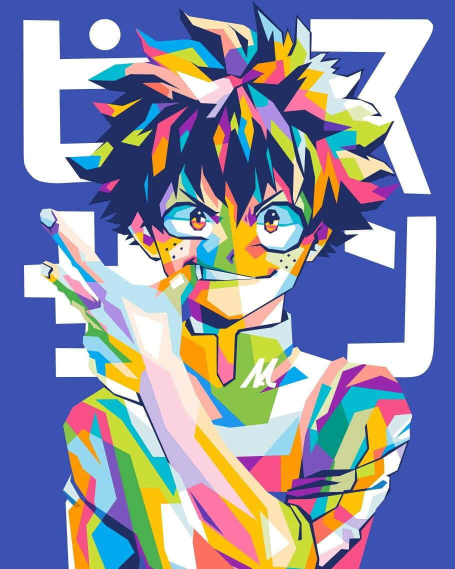 動漫男孩 桌布 壁紙 — 一個充滿活力的動漫角色，有著尖刺頭髮和眼鏡，在藍色背景上微笑著做出和平手勢，背景上有白色文字。
