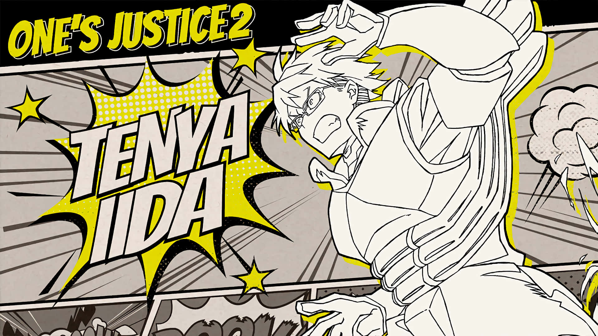 Tenya Iida 桌布 壁紙 — 一個充滿活力的動漫角色，有著尖刺頭髮和眼鏡，在漫畫背景前戲劇性地大喊，背景有醒目的黃色星星和文字。