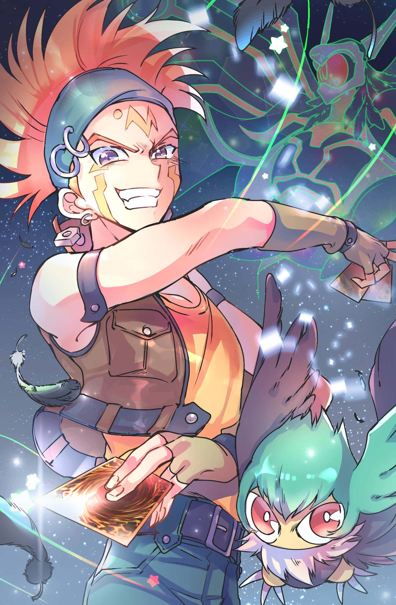 Crow Hogan 桌布 壁紙 — 一個充滿活力的動漫角色，有著尖刺的紅髮和堅定的笑容，在宇宙星空背景下扔出一張發光的卡片，旁邊還有一隻綠色的小生物。