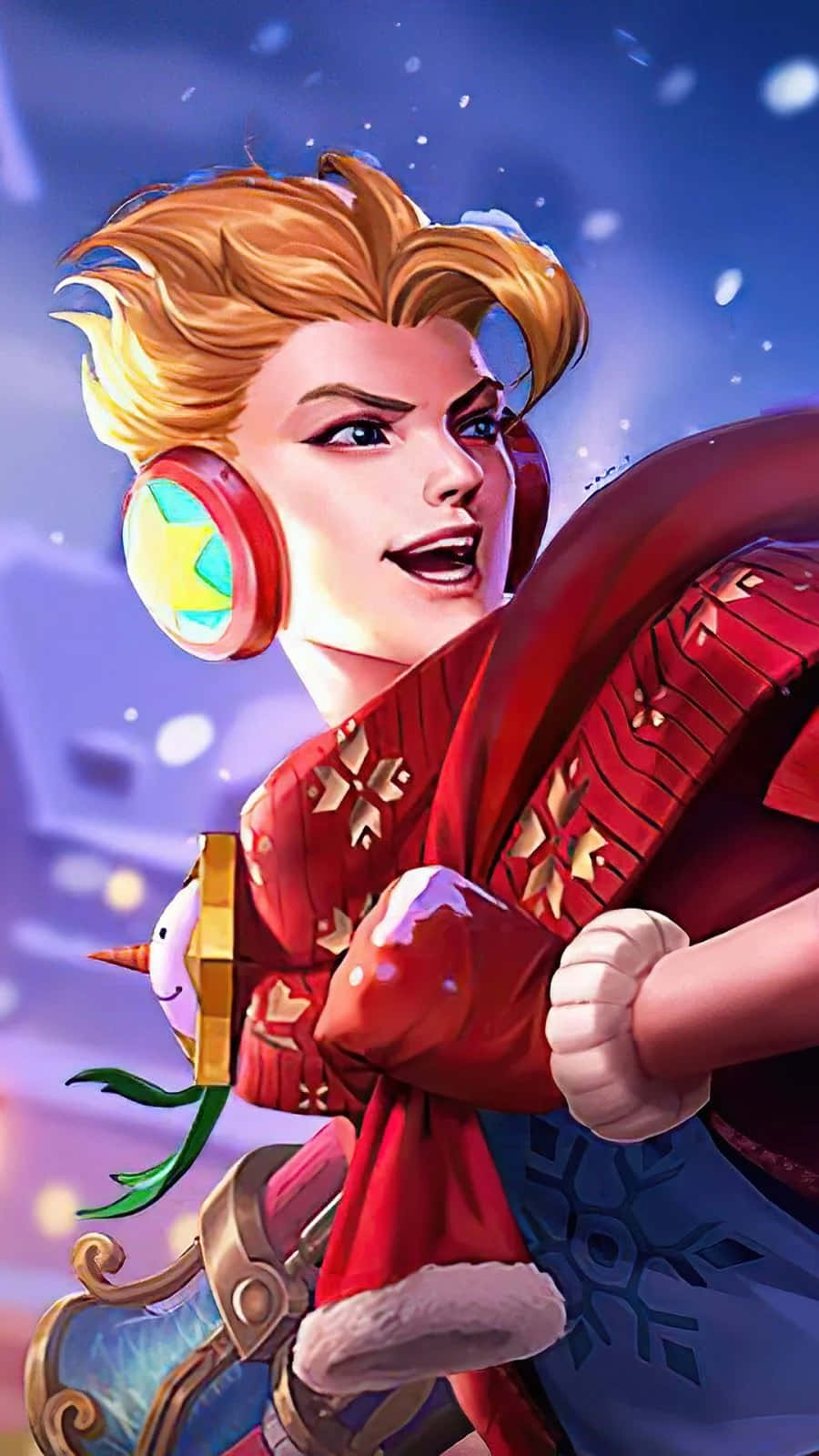 Mobile Legends 動態圖 桌布 壁紙 — 一個充滿活力的動漫角色，有著尖刺的金色頭髮和紅色耳機，在雪白的藍色背景前微笑著拿著一件節日紅色斗篷。