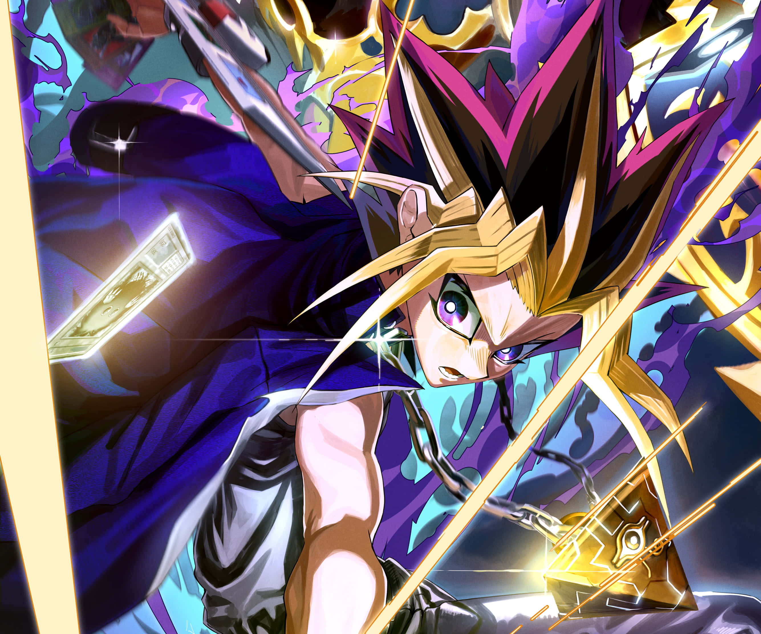 Yugi Muto 桌布 壁紙 — 一個充滿活力的動漫角色，有著尖刺頭髮和發光的眼睛，在旋轉的紫色和金色能量中揮舞著一把金色劍。