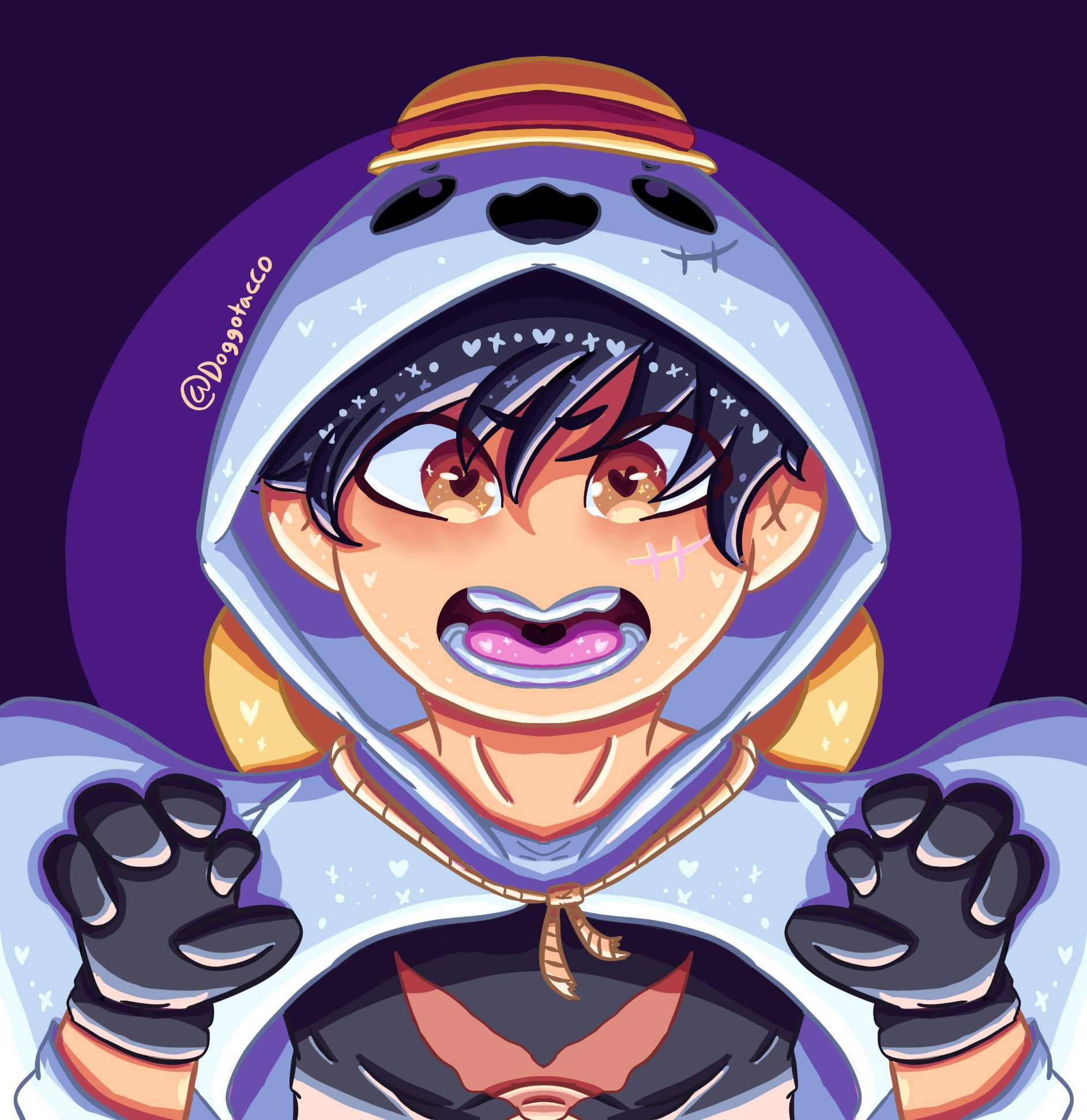 Halloween Pfp 桌布 壁紙 — 一個充滿活力的動漫角色，穿著海豹主題連帽衫，戴著寬大的眼睛和爪子手套，背景為紫色。