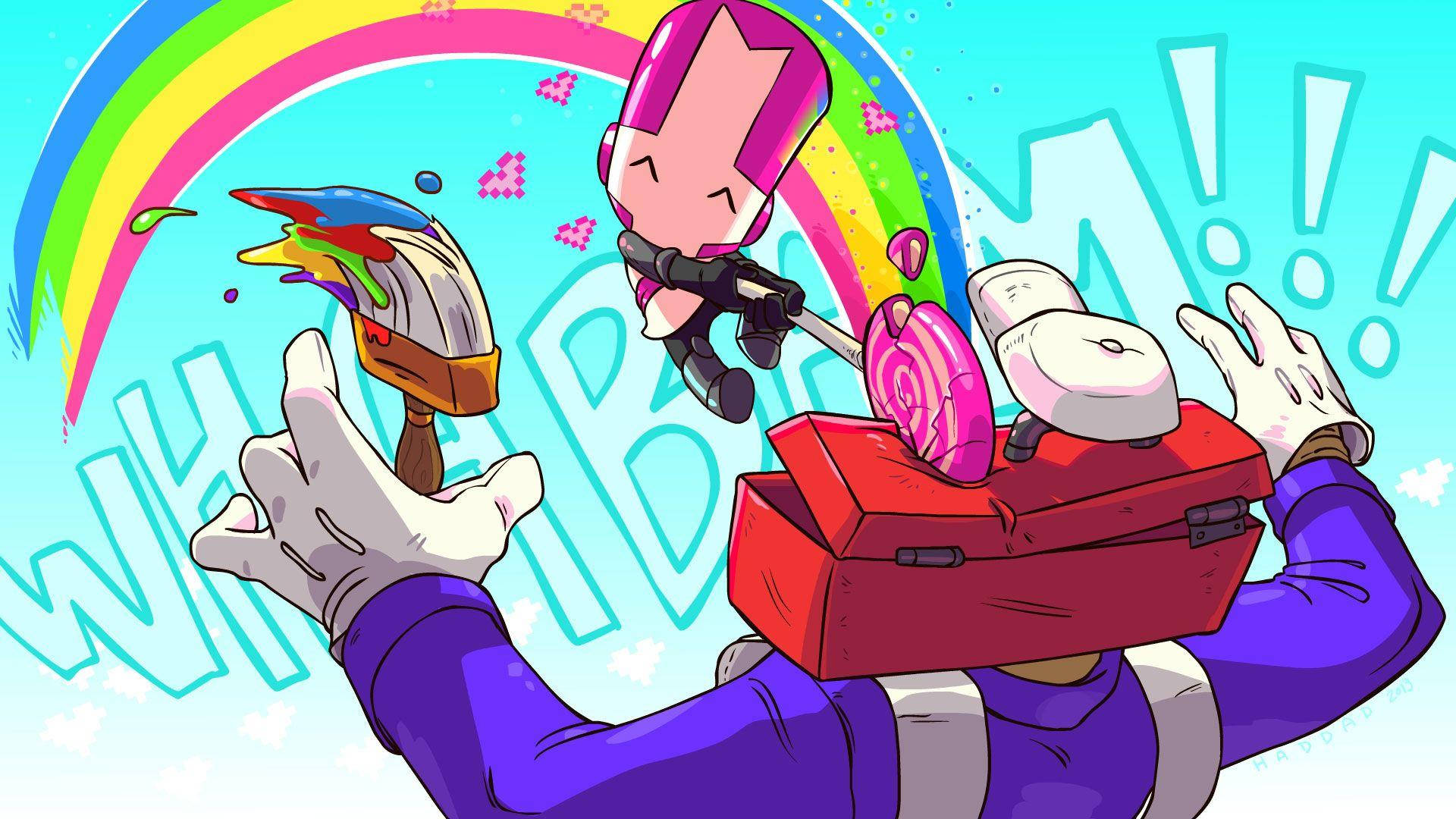 Castle Crashers 桌布 壁紙 — 一個充滿活力的動漫角色，粉紅色頭髮，拿著畫筆和調色板，快樂地畫著彩虹。
