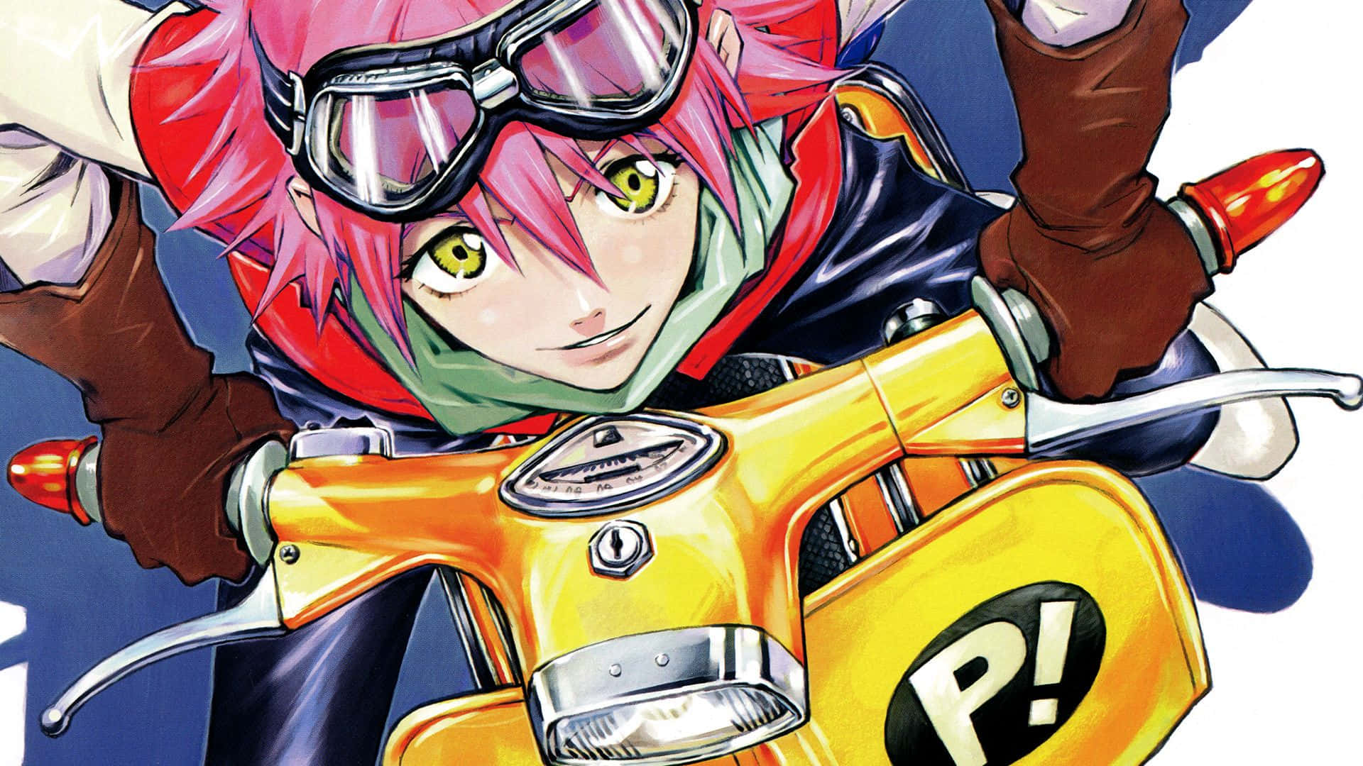 FLCL 桌布 壁紙 — 一個充滿活力的動漫角色，粉紅色頭髮和護目鏡，騎著一輛帶有醒目 P! 標誌的黃色滑板車。