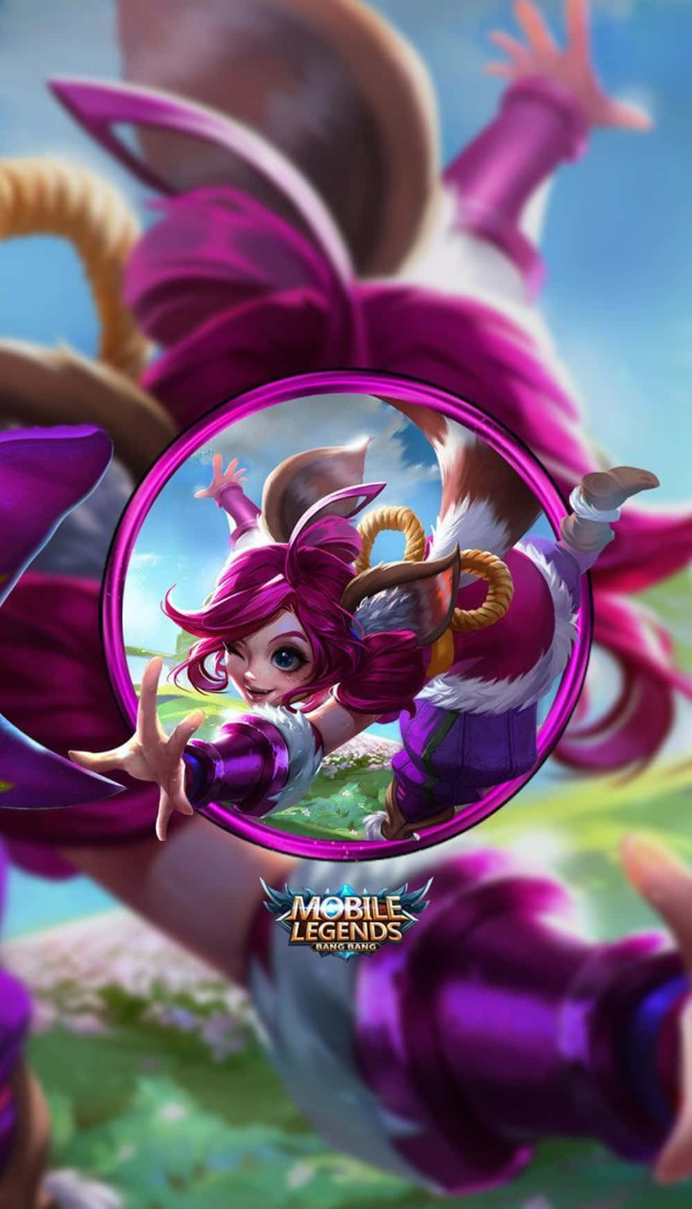Mobile Legends 動態圖 桌布 壁紙 — 一個充滿活力的動漫角色，粉紅色頭髮和紫色翅膀，透過發光的圓形傳送門凝視著明亮的藍天。