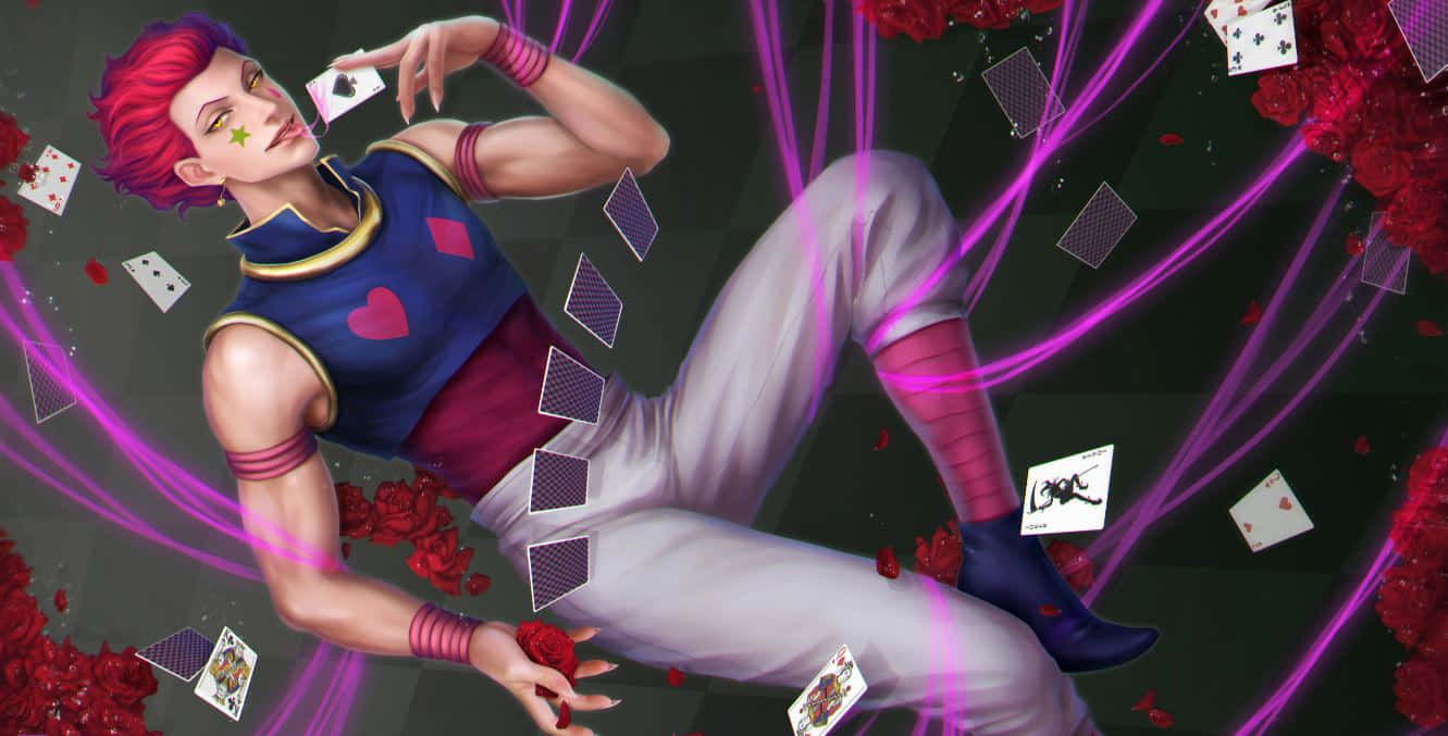 Hisoka Morow 桌布 壁紙 — 一個充滿活力的動漫角色，紅髮和星星刺青，在漂浮的撲克牌和紅玫瑰以及發光的紫色能量流中休憩。