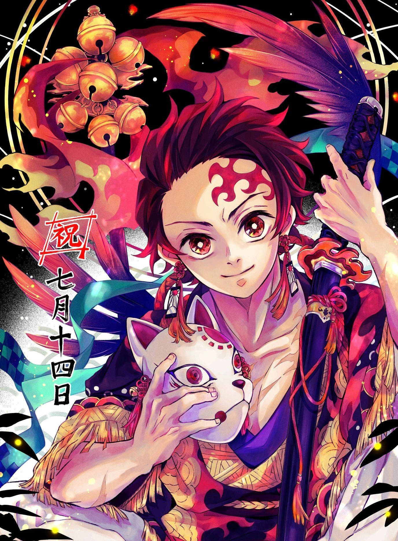 Kagura 桌布 壁紙 — 一個充滿活力的動漫角色，紅髮狐面具，手持武士刀，背景是帶有掛鈴的熾熱宇宙。