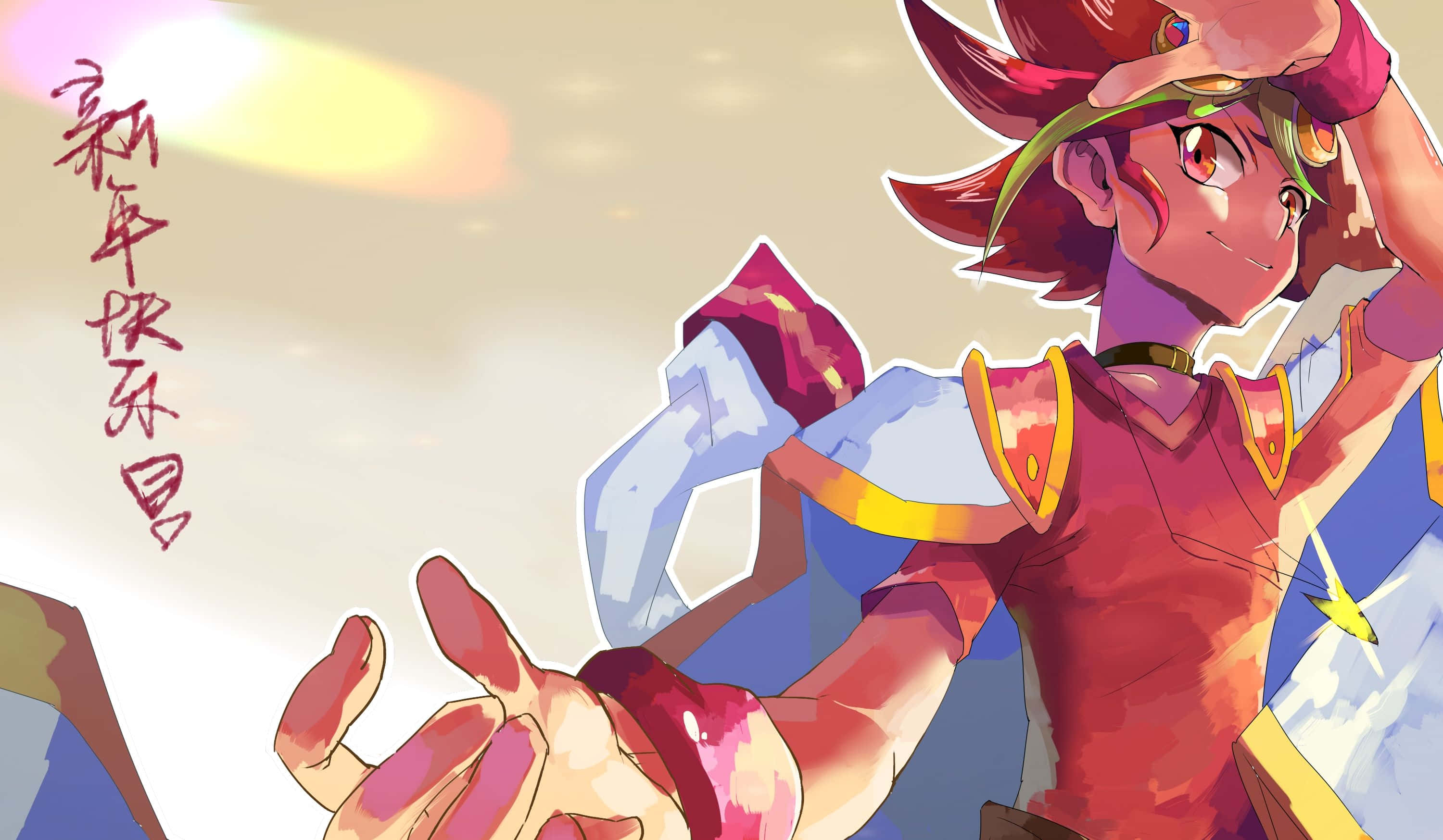 Yuya Sakaki 桌布 壁紙 — 一個充滿活力的動漫角色，紅髮紅衣，在溫暖朦朧的背景中微笑著手持發光物體。