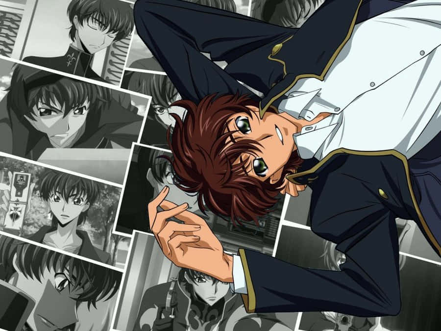 Suzaku Kururugi 桌布 壁紙 — 一個充滿活力的動漫角色，紅髮綠眼，身穿海軍藍制服，背景是黑白漫畫面板的拼貼畫。