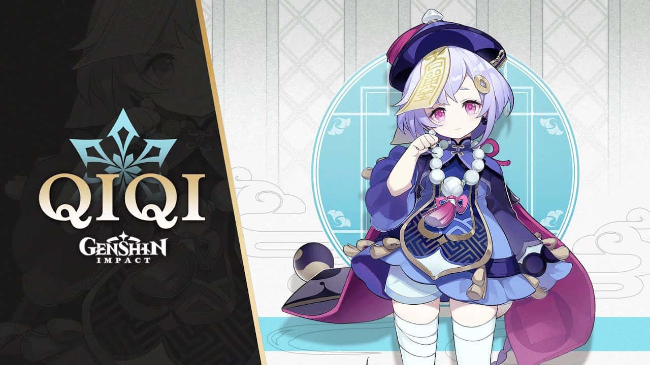 Genshin Impact Qiqi 桌布 壁紙 — 一個充滿活力的動漫角色，紫色頭髮和藍色服裝，自信地站在一個風格化的圓形背景前。