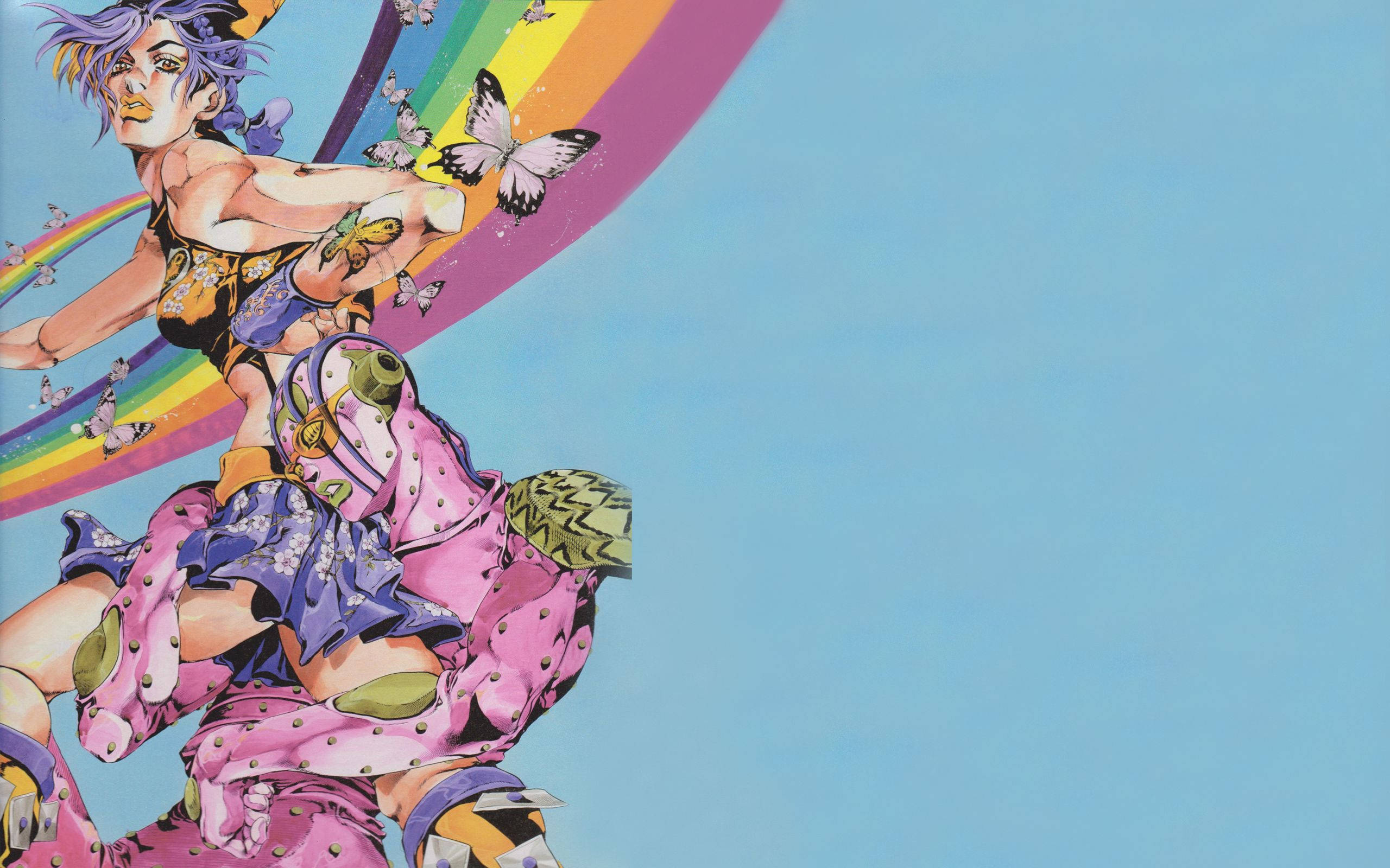 Jojo 桌布 壁紙 — 一個充滿活力的動漫角色，紫色頭髮和蝴蝶圖案，騎著粉紅色裝甲生物，背景是彩虹和藍天。