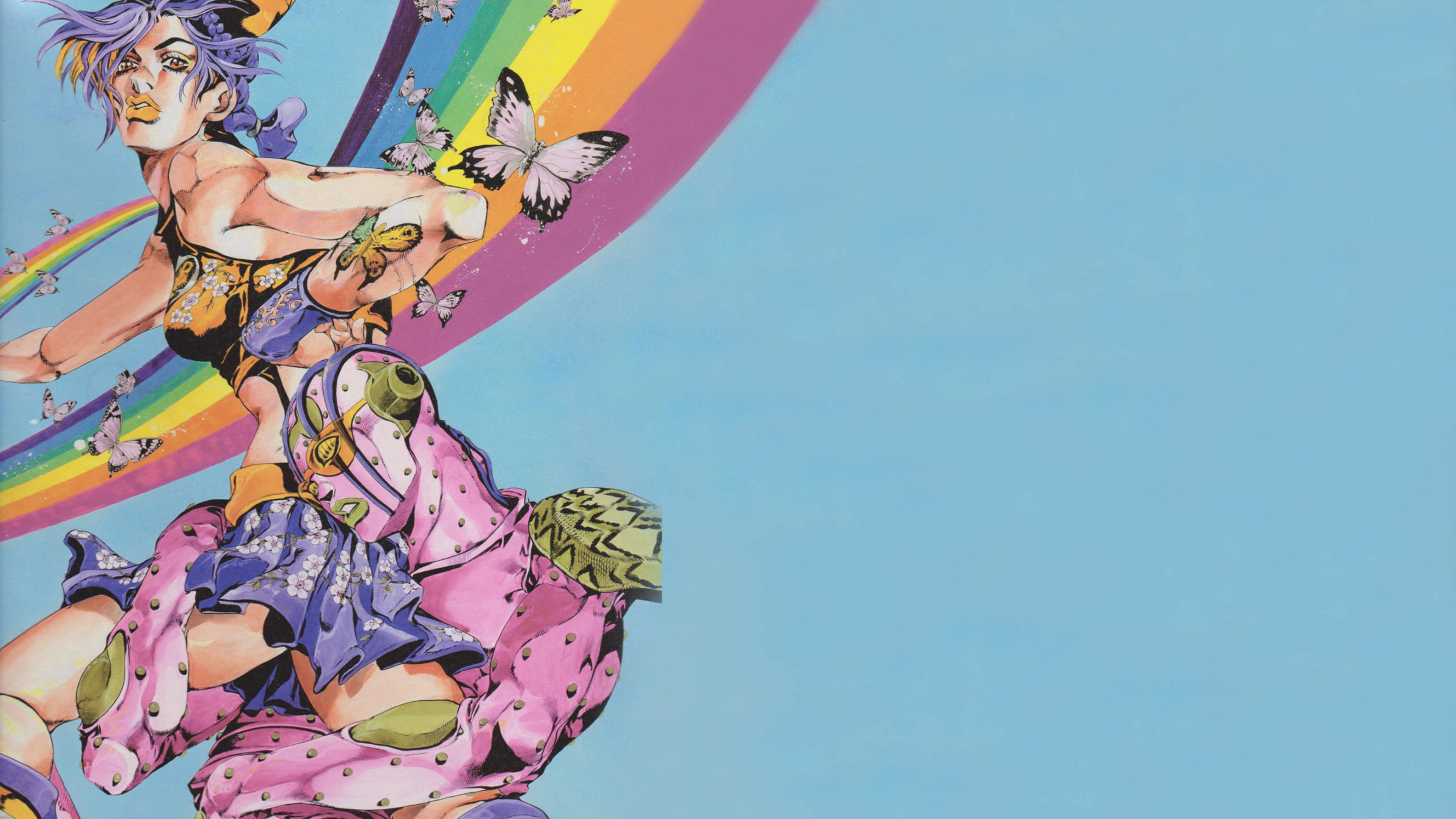 jojo 4K 桌布 壁紙 — 一個充滿活力的動漫角色，紫色頭髮，騎著粉紅色仙人掌般的生物，背景有彩虹和蝴蝶。