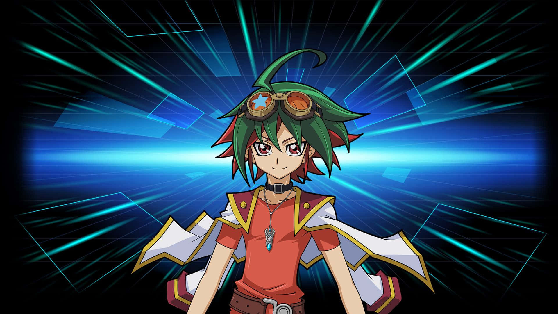 Yuya Sakaki 桌布 壁紙 — 一個充滿活力的動漫角色，綠髮戴護目鏡，自信地站在發光的藍色數位背景前。