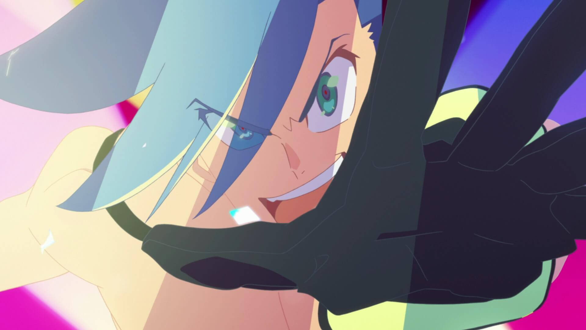 Promare 桌布 壁紙 — 一個充滿活力的動漫角色，藍色頭髮和綠色眼睛，在色彩繽紛的抽象背景前頑皮地咧嘴笑。