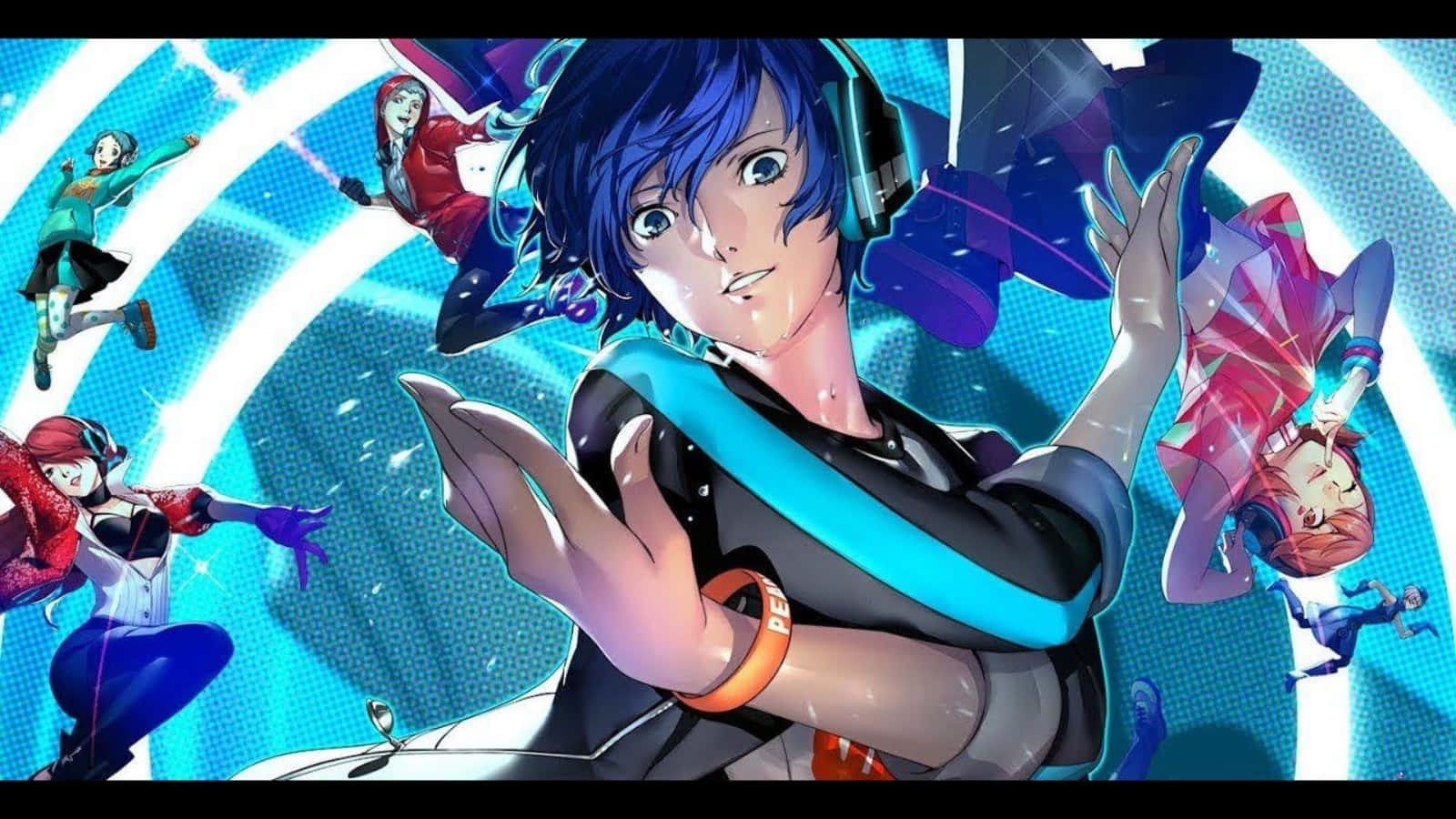 Persona 5 桌布 壁紙 — 一個充滿活力的動漫角色，藍色頭髮和耳機，向前做手勢，而色彩繽紛的人物在發光的藍色漩渦背景周圍跳躍。