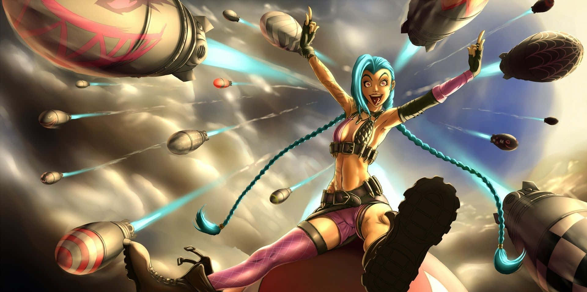 Jinx 桌布 壁紙 — 一個充滿活力的動漫角色，藍色頭髮，在暴風雨的天空中快樂地騎著火箭，周圍有飛彈飛過。