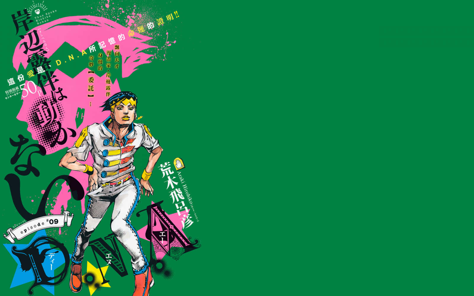 Jjba 桌布 壁紙 — 一個充滿活力的動漫角色，藍色頭髮和色彩繽紛的服裝，動態地站在一個大膽的綠色背景上，帶有日文字和粉紅色飛濺圖形。