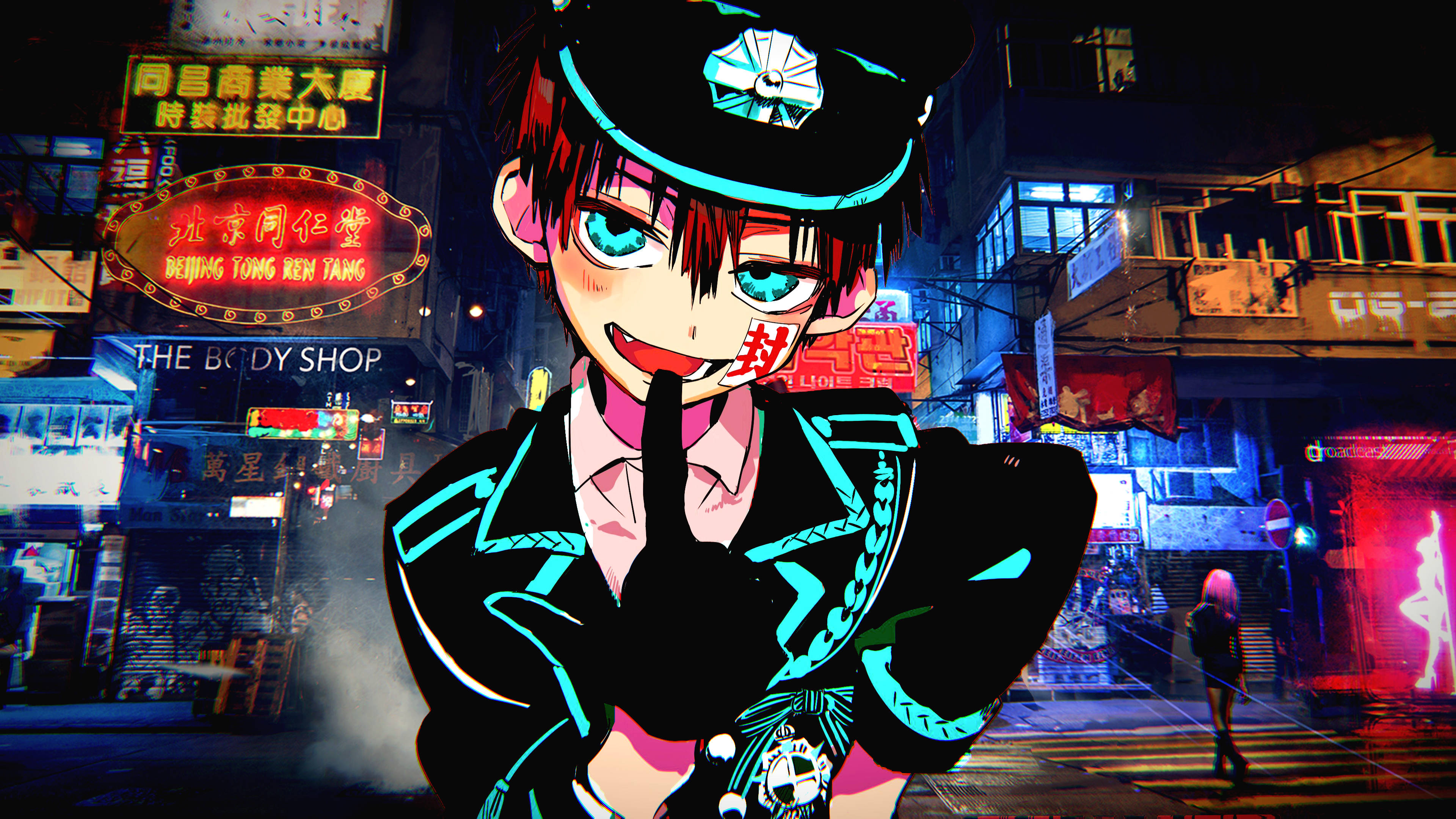 hanako 桌布 壁紙 — 一個充滿活力的動漫角色，身穿發光的青綠色制服，在霓虹燈照亮的城市夜晚街道上眨眼並舉起一根手指。