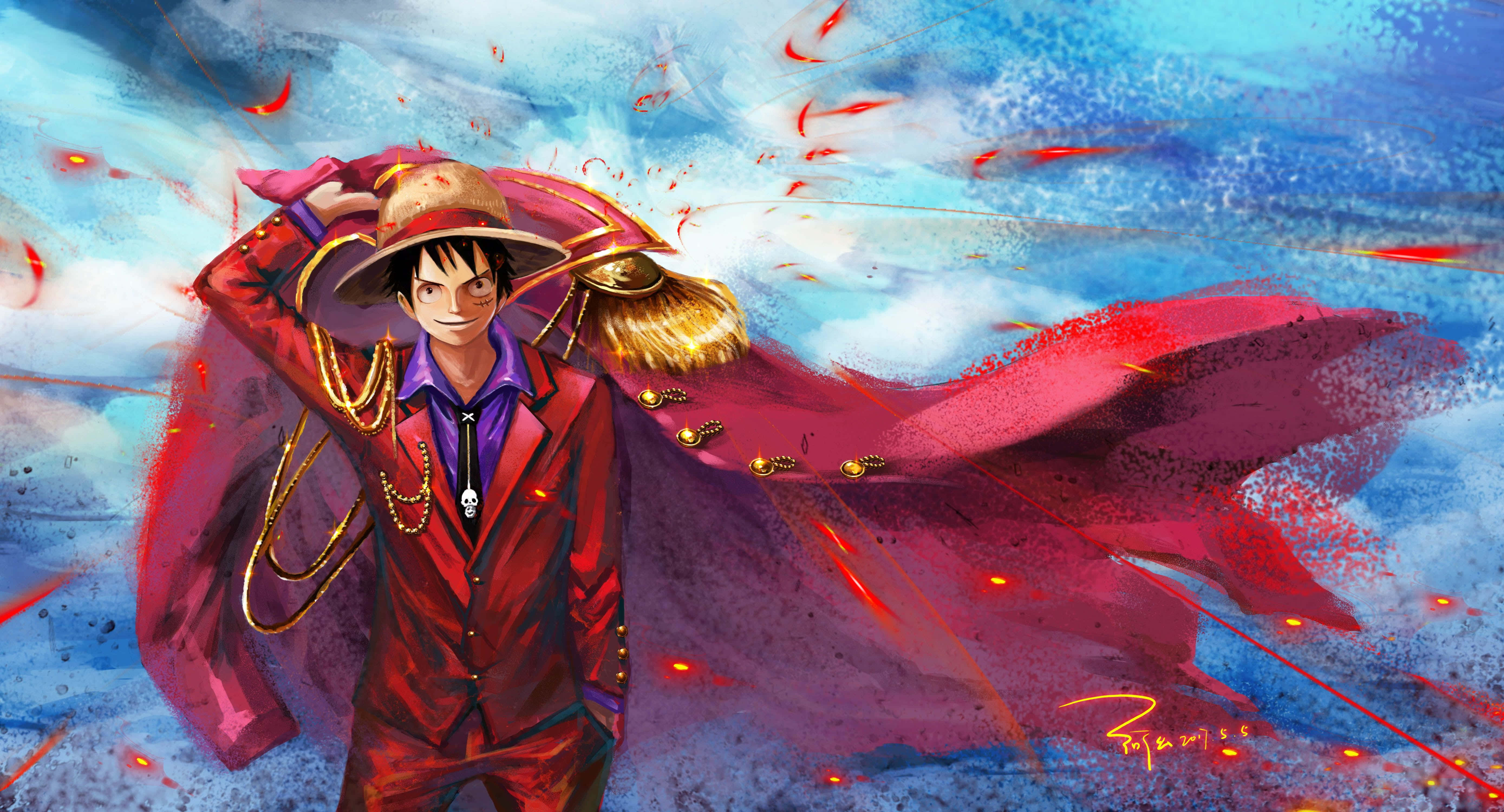 One Piece 5K 桌布 壁紙 — 一個充滿活力的動漫角色，身穿紅色外套和草帽，自信地站在動態的藍紅天空下，伴隨著旋轉的能量效果。