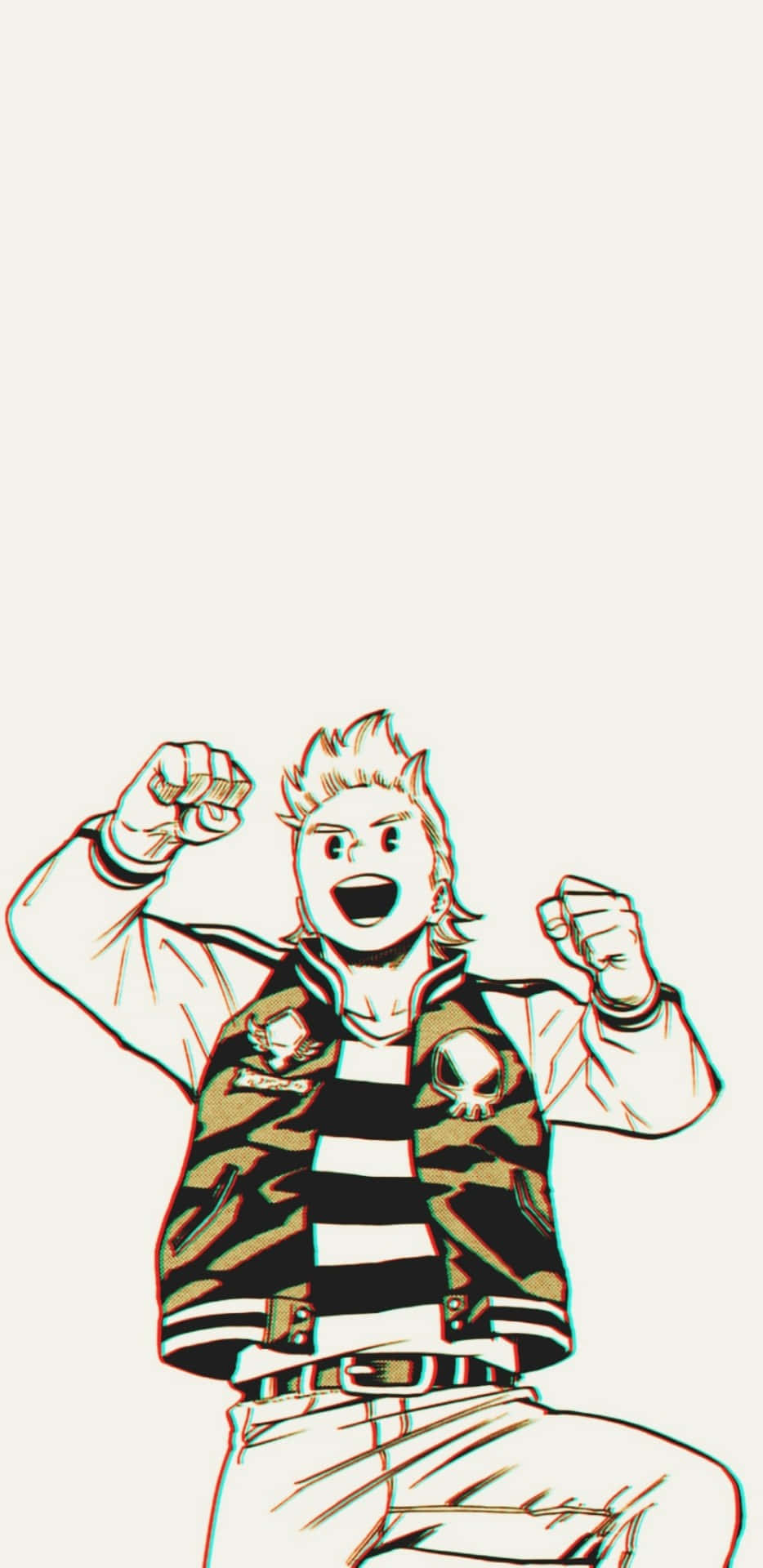Mirio Togata 桌布 壁紙 — 一個充滿活力的動漫角色，身穿迷彩外套和條紋襯衫，在純色背景前舉起拳頭歡呼。