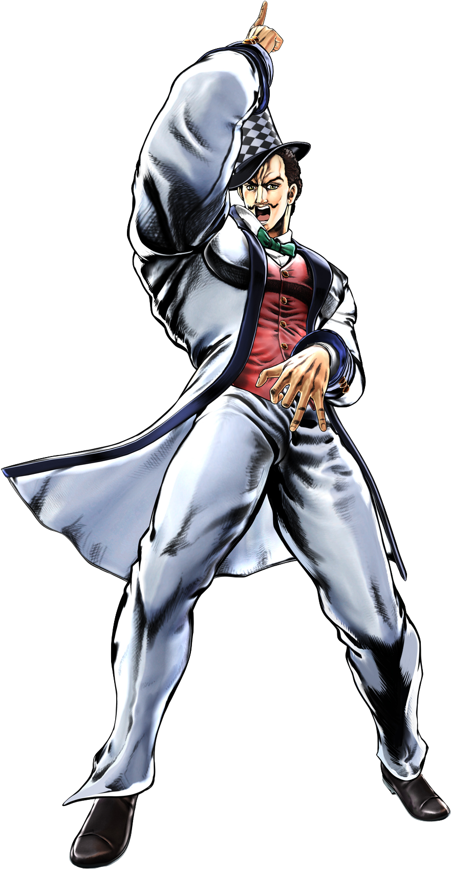 Jojo 桌布 壁紙 — 一個充滿活力的動漫角色，身穿銀色西裝和格子帽，在黑色背景前擺出自信的姿勢。