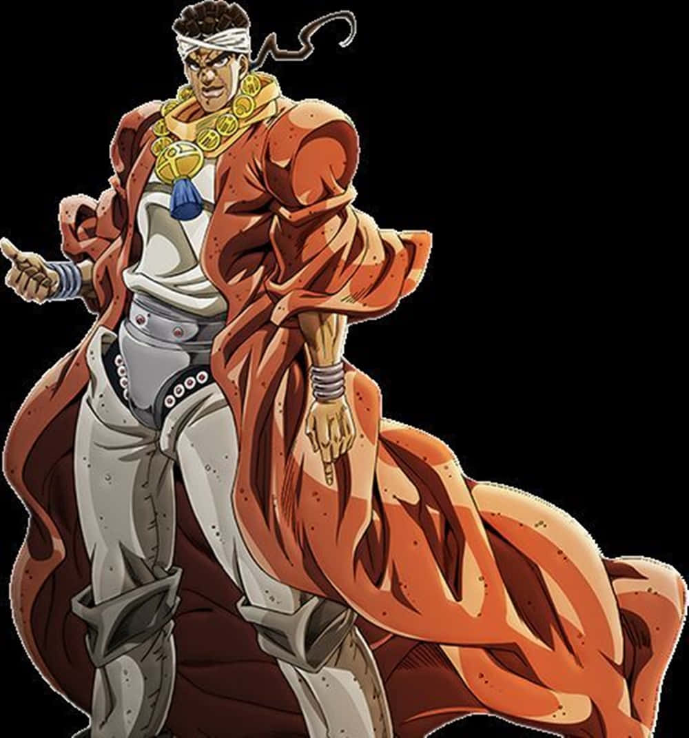 Muhammad Avdol 桌布 壁紙 — 一個充滿活力的動漫角色，身穿飄逸的橙色外套和金色珠寶，自信地站在黑色背景前。