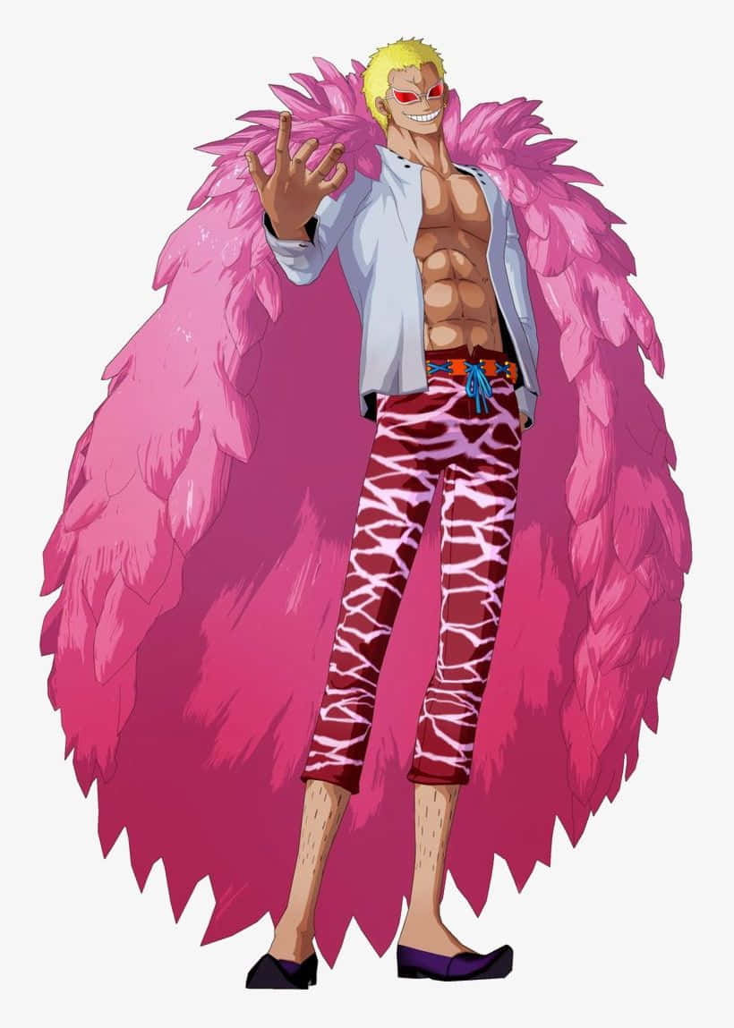 Donquixote Doflamingo 桌布 壁紙 — 一個充滿活力的動漫角色，金色刺蝟頭和紅色眼睛，自信地揮手，身穿粉紅色羽毛外套和圖案褲子。