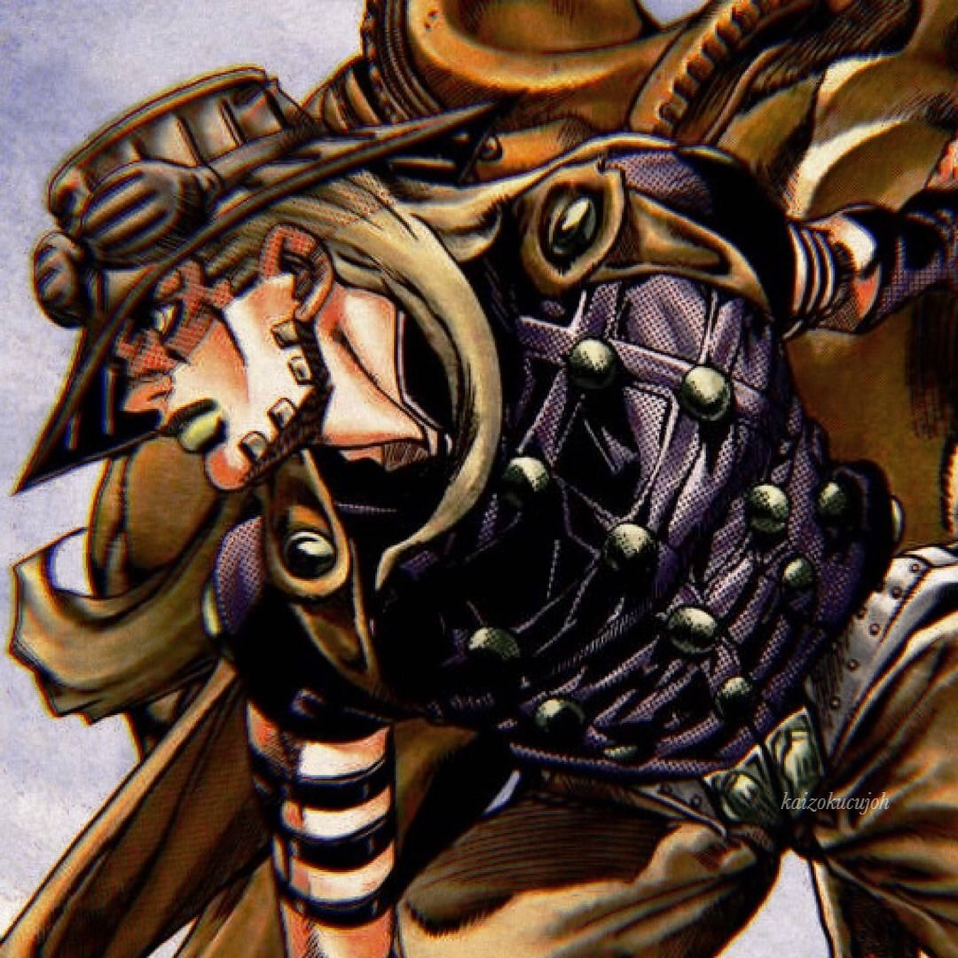 Gyro Zeppeli 桌布 壁紙 — 一個充滿活力的動漫角色，金髮，咧嘴大笑，穿著華麗的金色盔甲和帶有銀色紐扣的紫色絎縫背心。
