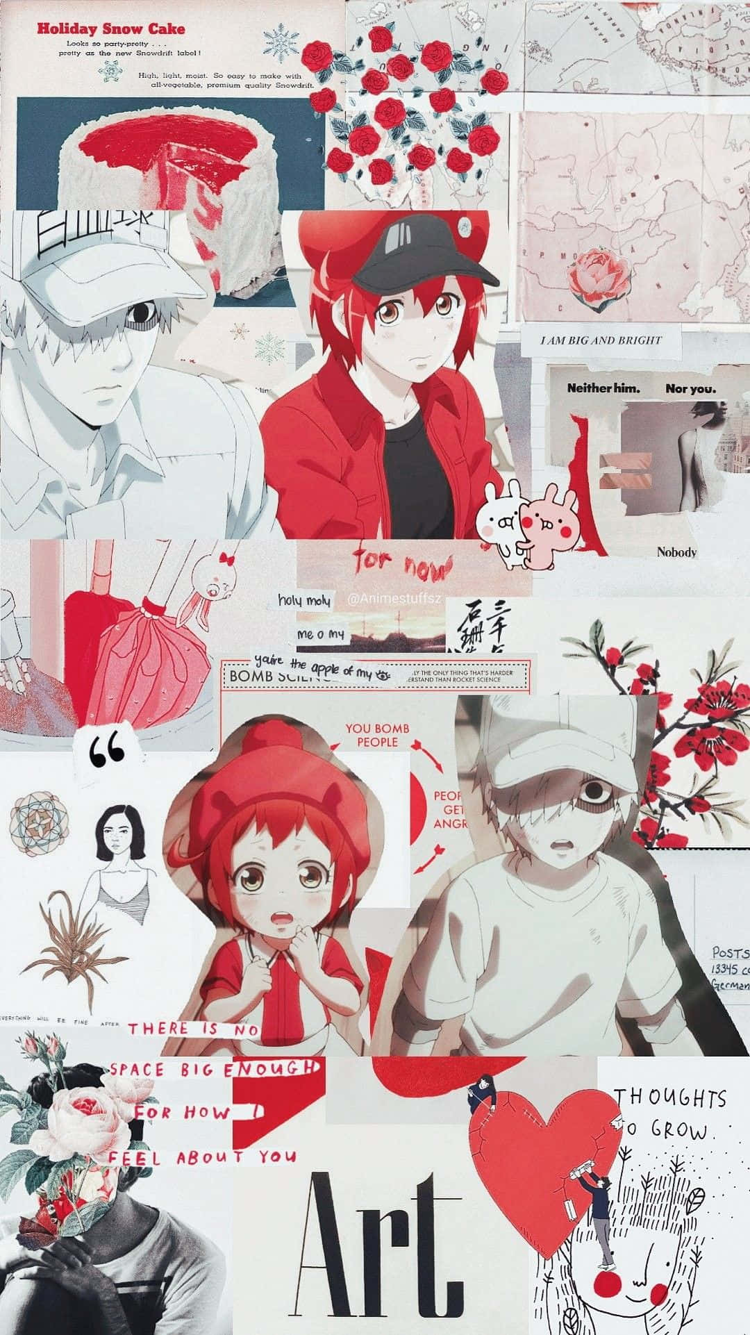 Cells At Work 桌布 壁紙 — 一個充滿活力的動漫角色和藝術元素拼貼畫，帶有紅玫瑰和文字片段，採用分層創意佈局。