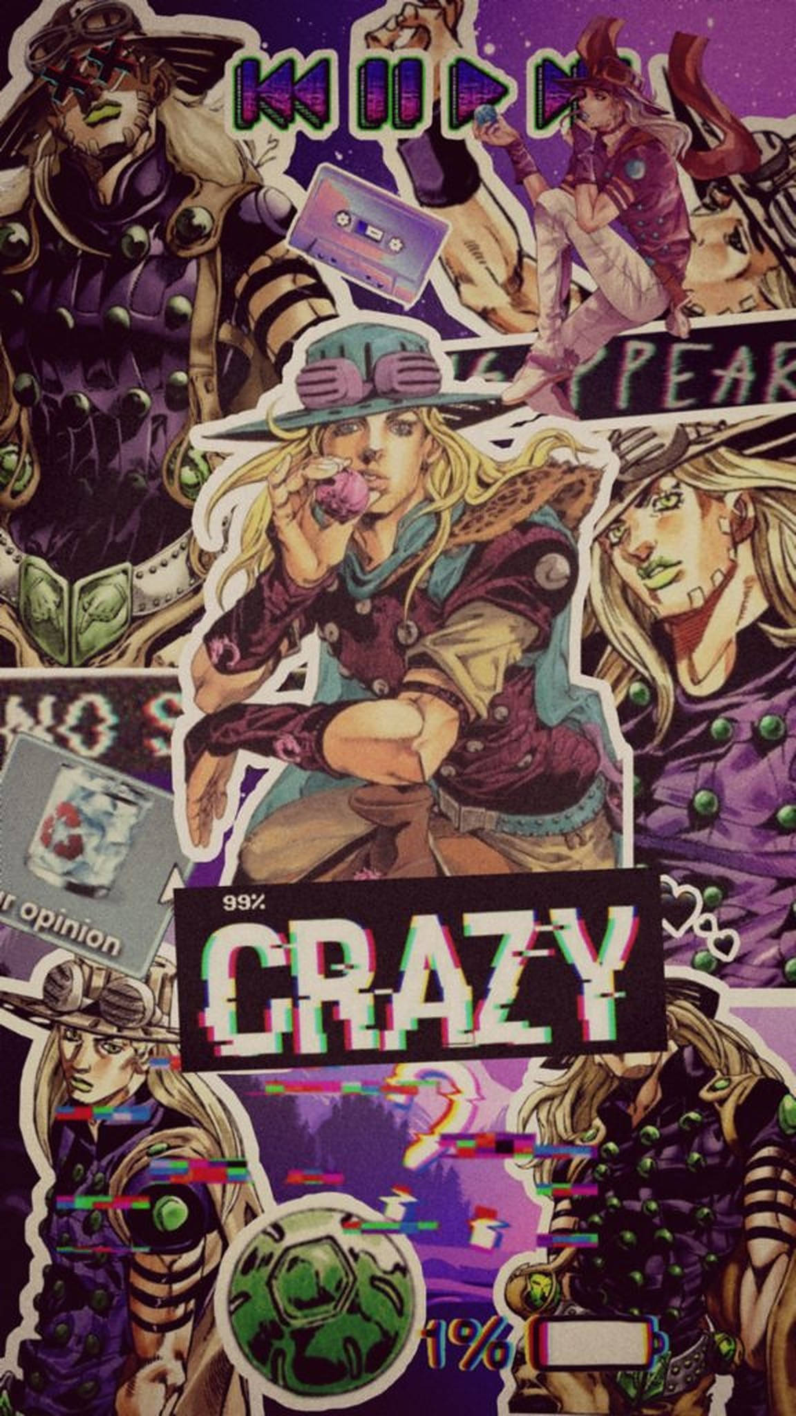 Gyro Zeppeli 桌布 壁紙 — 一個充滿活力的動漫角色拼貼，帶有故障效果和粗體文字，背景為紫色。