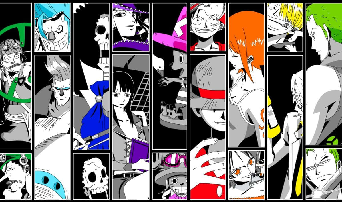 One Piece Characters 桌布 壁紙 — 一個充滿活力的動漫角色拼貼畫，在動態漫畫面板中帶有醒目的黑白和彩色點綴。
