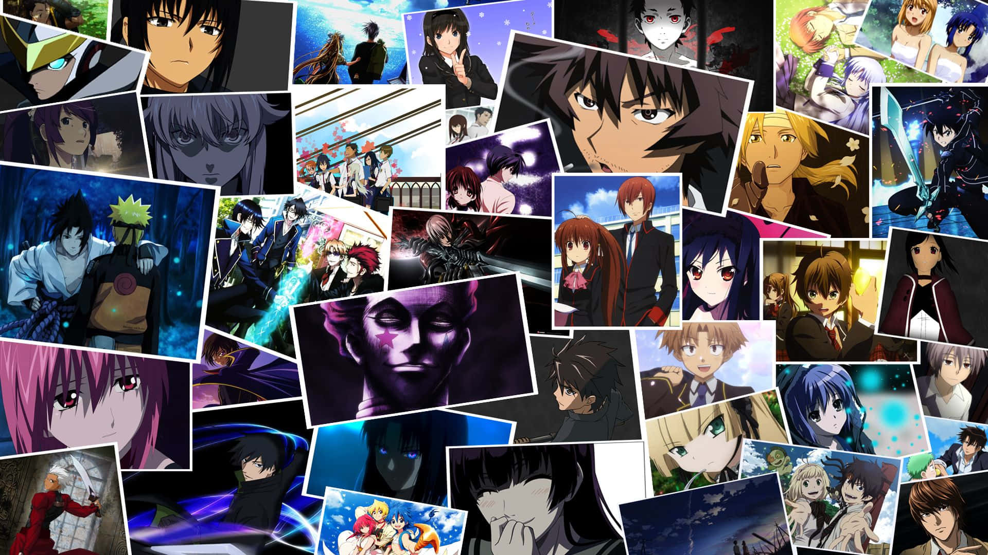 Anime Collage 桌布 壁紙 — 一個充滿活力的動漫角色拼貼畫，展現各種場景中的動態姿勢和戲劇性燈光。