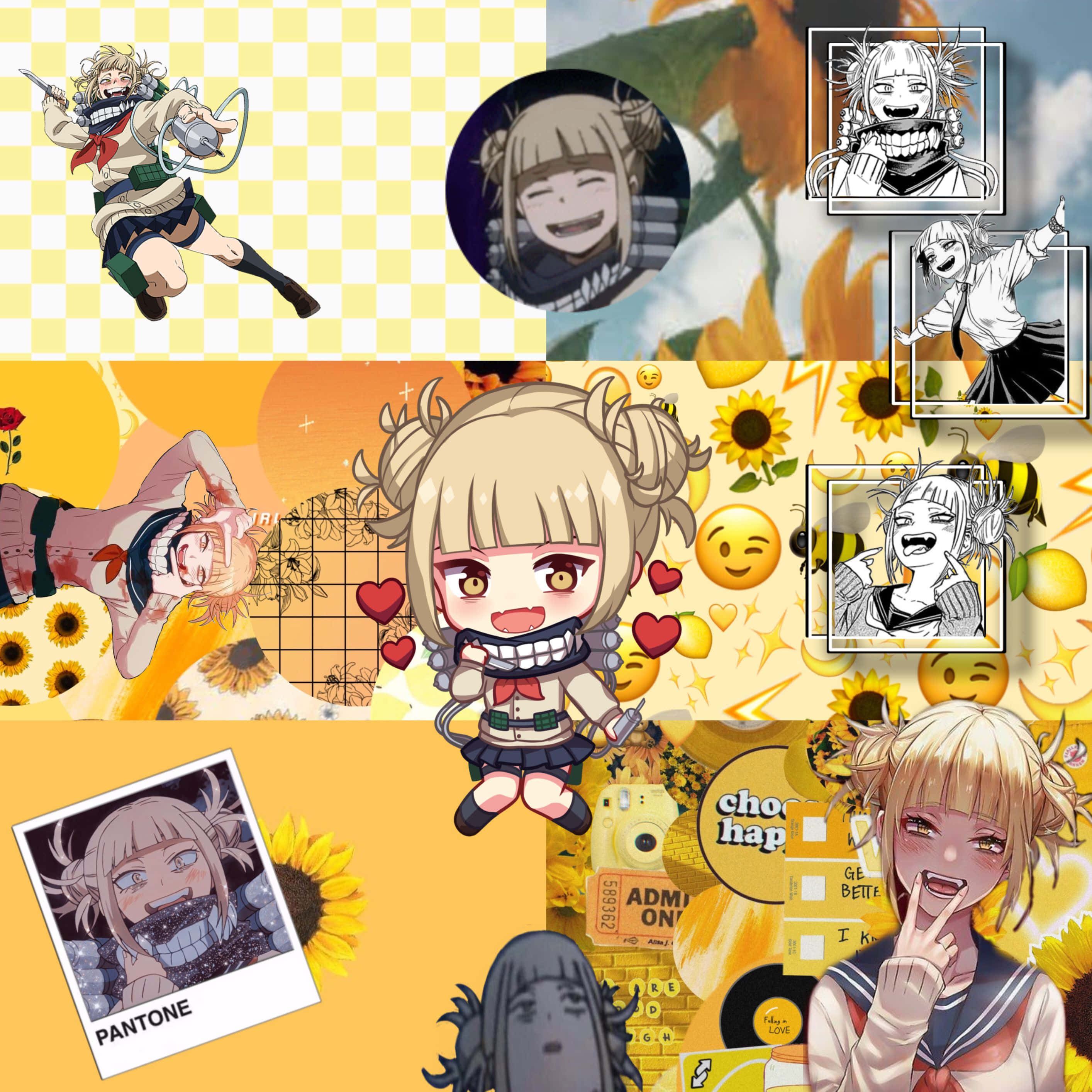 Himiko Toga Aesthetic 桌布 壁紙 — 一個充滿活力的動漫角色拼貼畫，帶有向日葵表情符號和黃色背景，採用 Q 版和漫畫風格。
