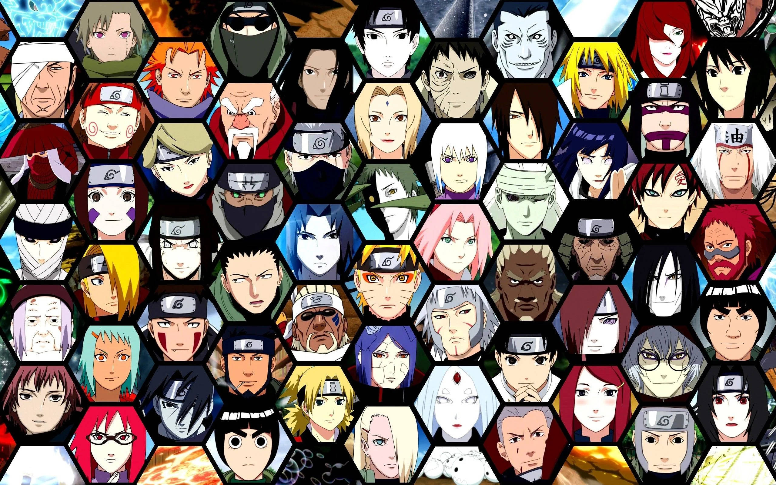 Naruto Shippuden Cool 桌布 壁紙 — 一個充滿活力的動漫角色拼貼畫，採用六邊形框架，每個角色都有獨特的表情和色彩繽紛的頭髮，背景動感十足。