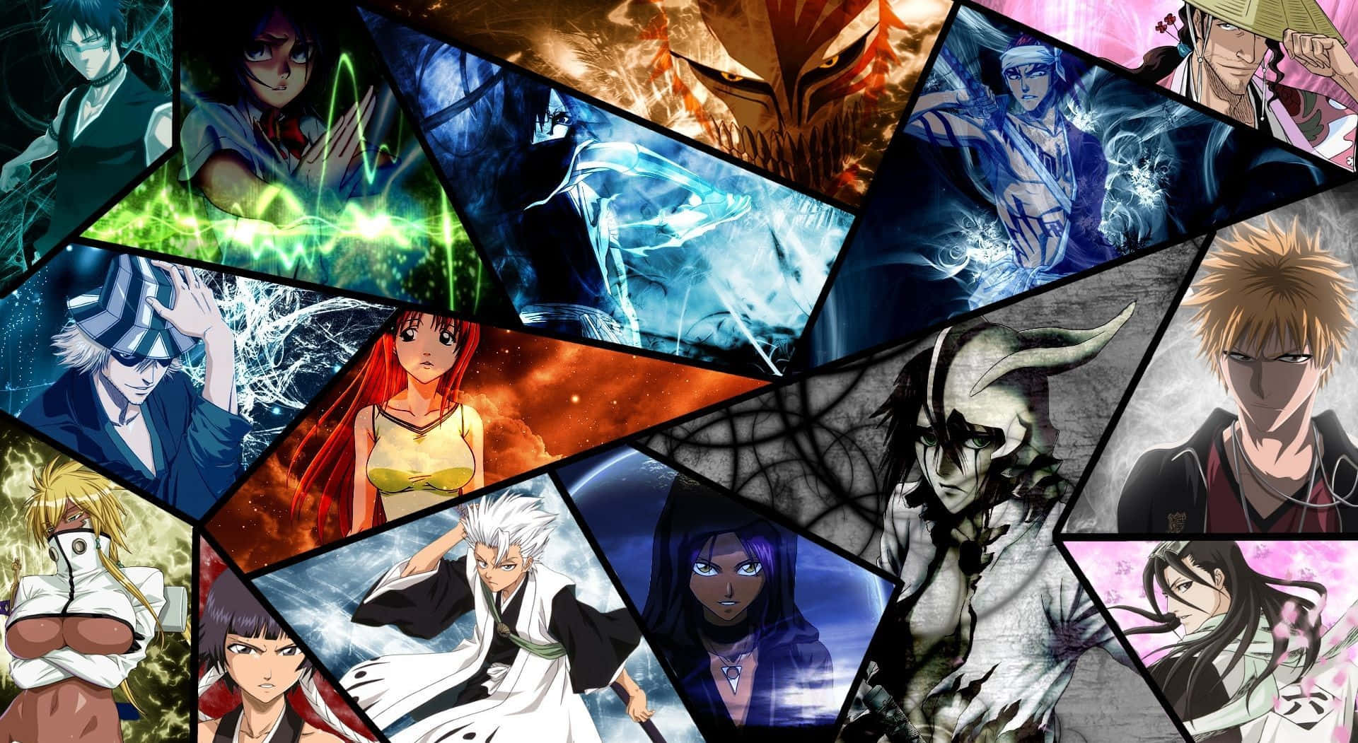 Anime Collage 桌布 壁紙 — 一個充滿活力的動漫角色拼貼畫，角色以動態姿勢分佈在色彩繽紛、有棱角的版塊上。