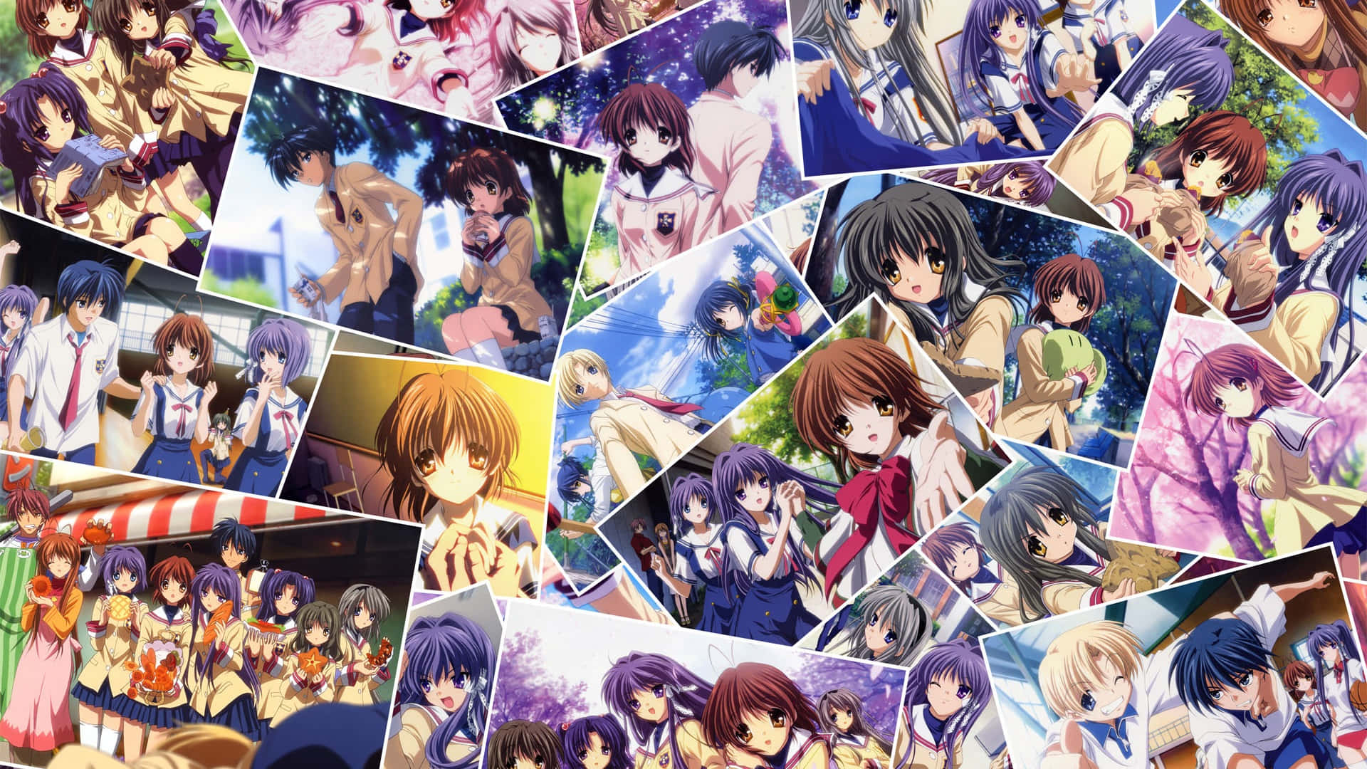 Anime Collage 桌布 壁紙 — 一個充滿活力的動漫角色拼貼畫，角色穿著校服和休閒服裝，散落在動態背景上。