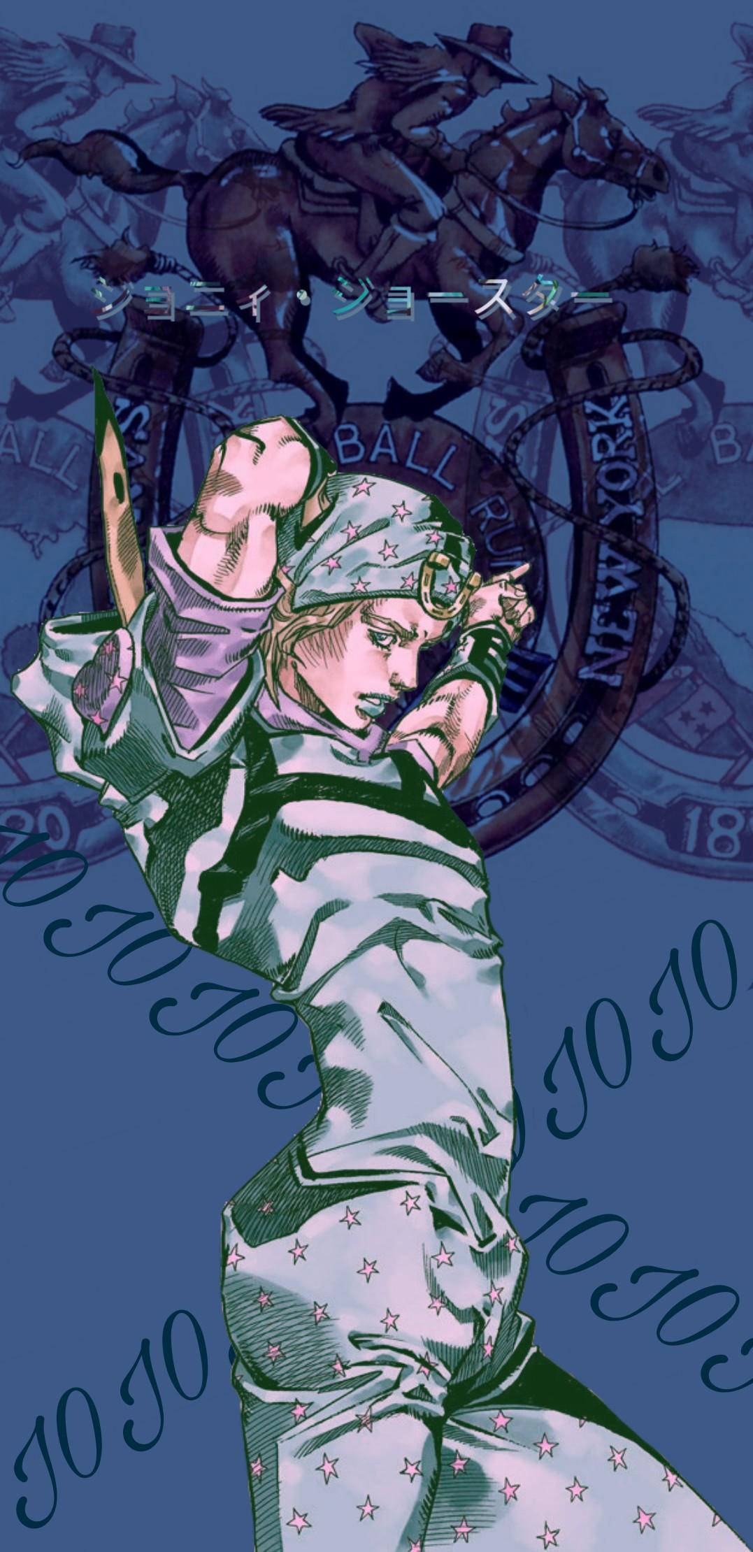 Johnny Joestar 桌布 壁紙 — 一個充滿活力的動漫角色穿著星星圖案的服裝，在藍色背景前擺出強有力的姿勢，背景有騎馬者和'JOJO'文字。