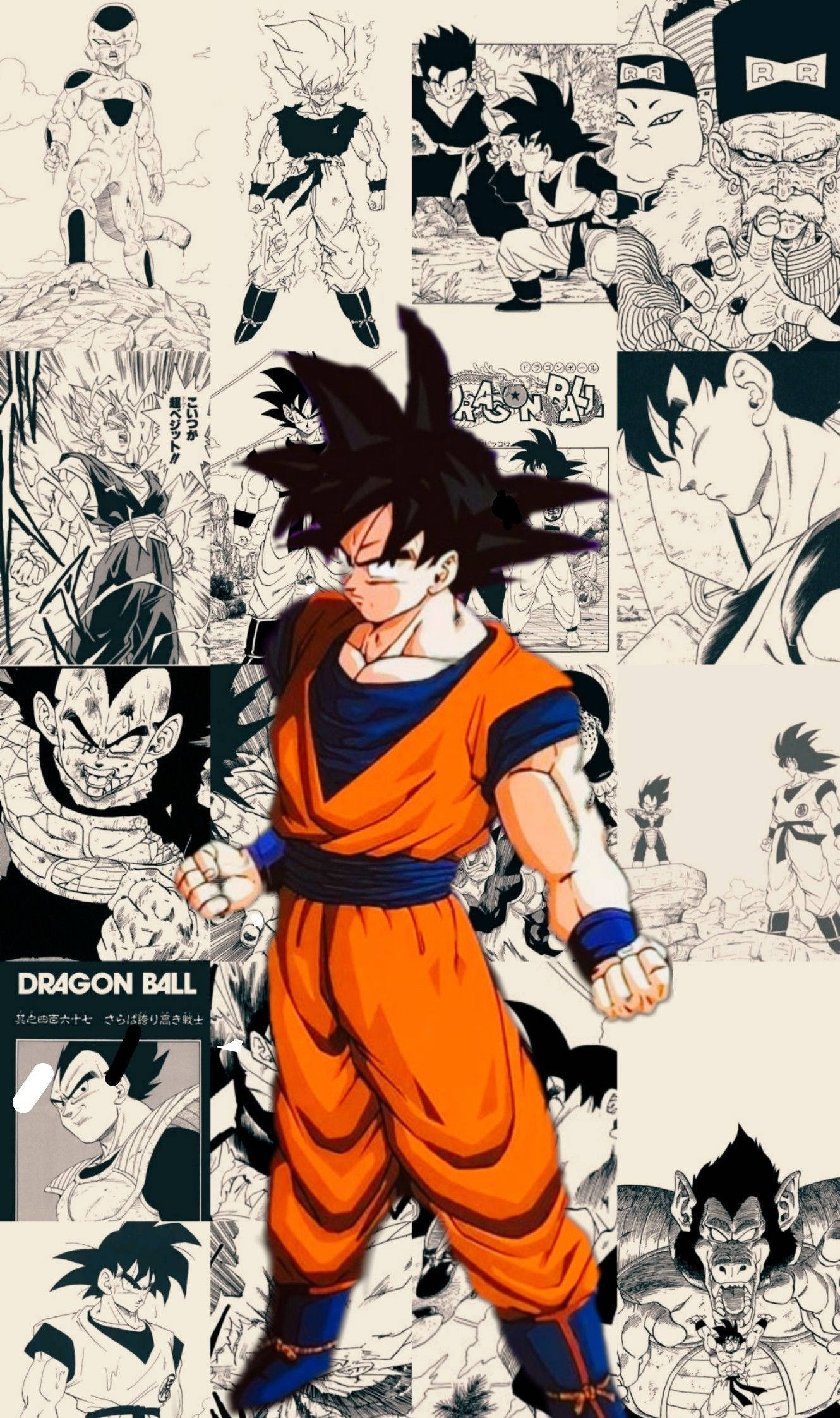 Panel 桌布 壁紙 — 一個充滿活力的動漫角色穿著橙色道服，站在龍珠黑白漫畫面板拼貼畫的中央。