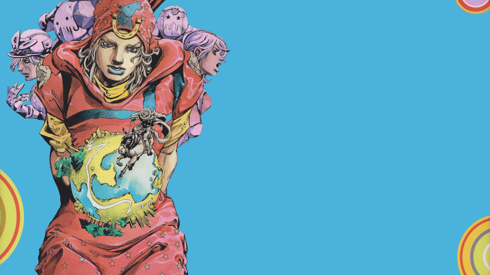Johnny Joestar 桌布 壁紙 — 一個充滿活力的動漫角色穿著紅色服裝，手持一個帶有騎手的地球儀，周圍漂浮著頭部，背景是明亮的藍色。