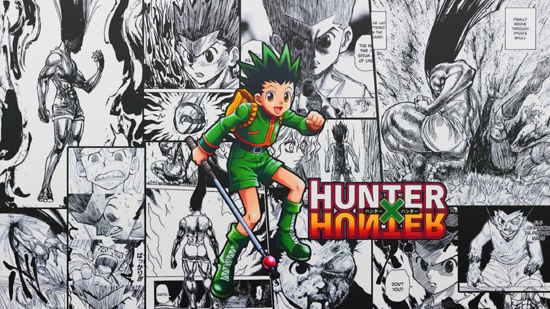 Panel 桌布 壁紙 — 一個充滿活力的動漫角色穿著綠色裝備，在《Hunter x Hunter》的黑白漫畫面板拼貼背景前向前跳躍。