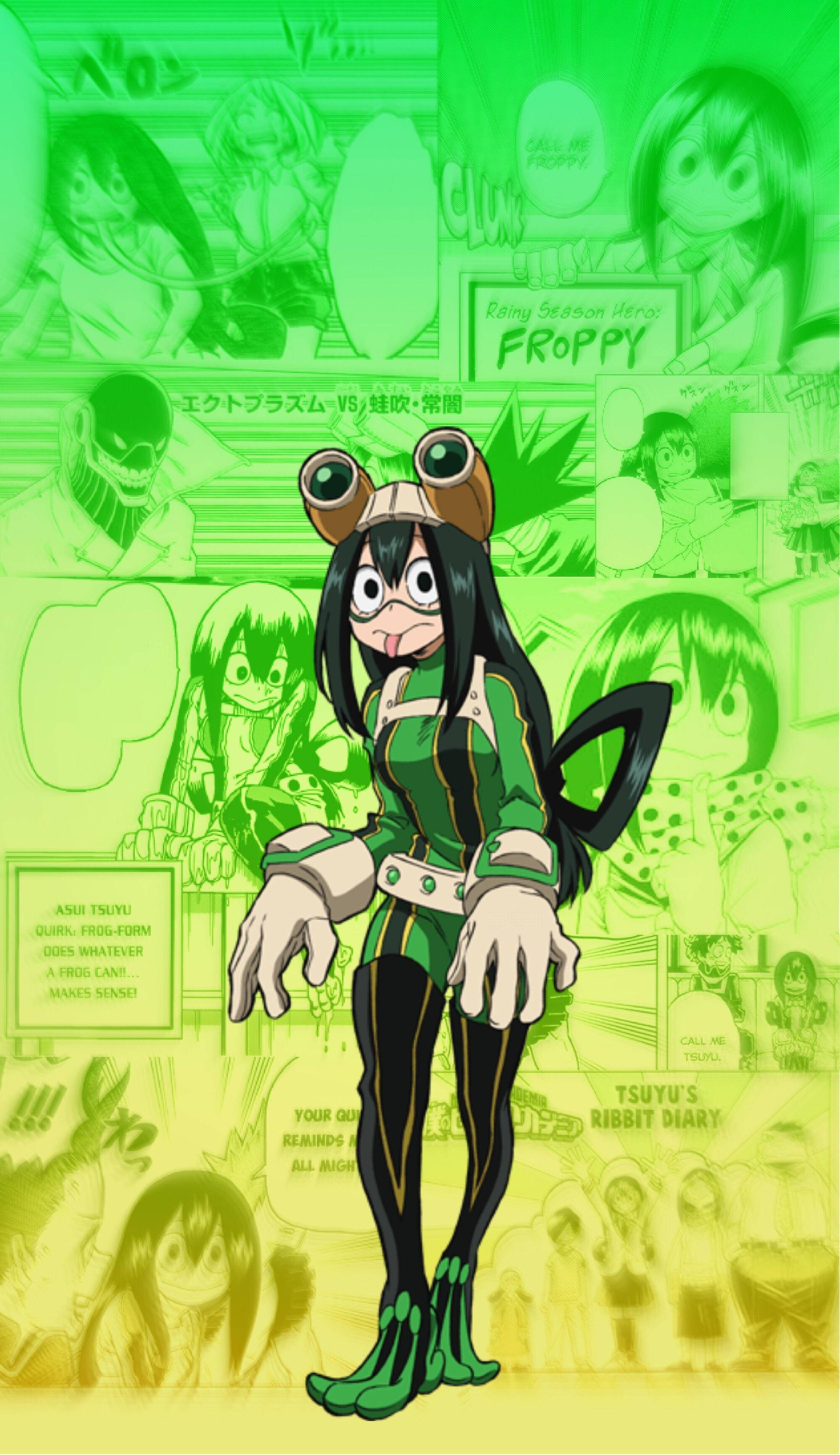 Froppy 桌布 壁紙 — 一個充滿活力的動漫角色穿著綠色青蛙主題裝備，站在漫畫面板背景前，背景充滿綠色和黃色色調。