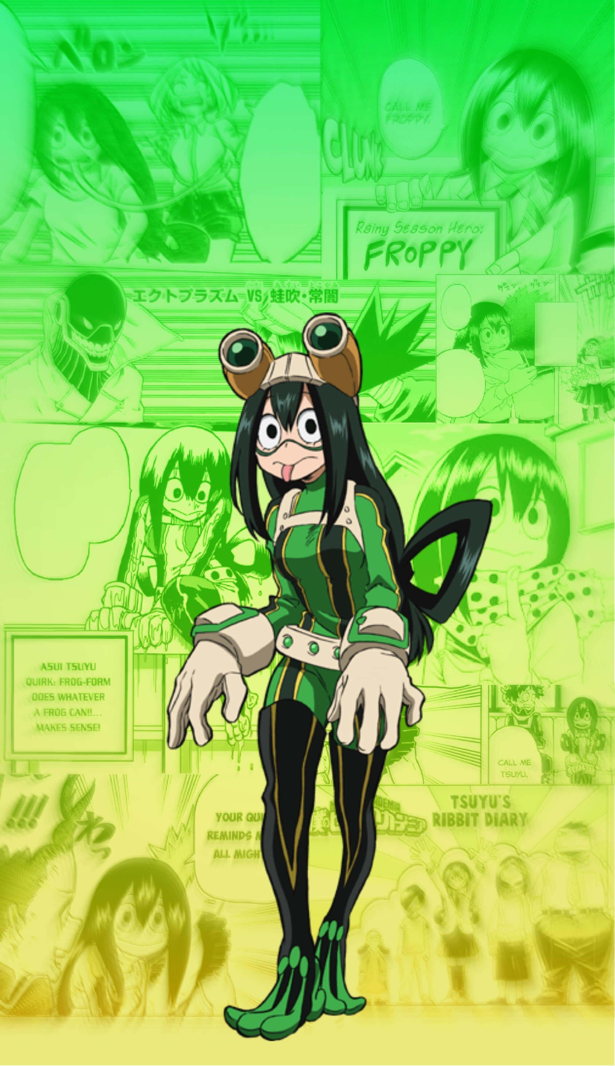 Froppy 桌布 壁紙 — 一個充滿活力的動漫角色穿著綠色青蛙主題裝備，自信地站在漫畫書面板背景前。
