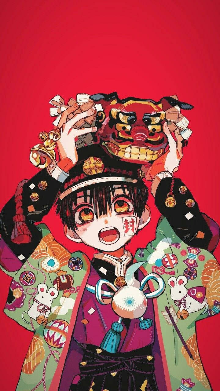 hanako 桌布 壁紙 — 一個充滿活力的動漫角色穿著色彩繽紛的傳統服裝，手持紅色舞獅面具，背景為純紅色。