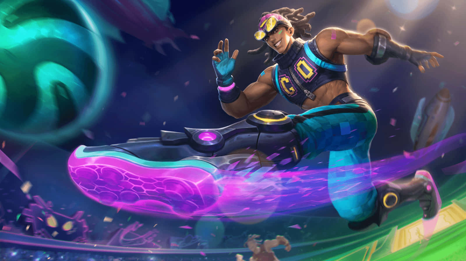 Fortnite Soccer Skin 桌布 壁紙 — 一個充滿活力的動漫角色騎著一雙發光的紫色未來主義運動鞋，穿過充滿霓虹能量和漂浮粒子的宇宙隧道。